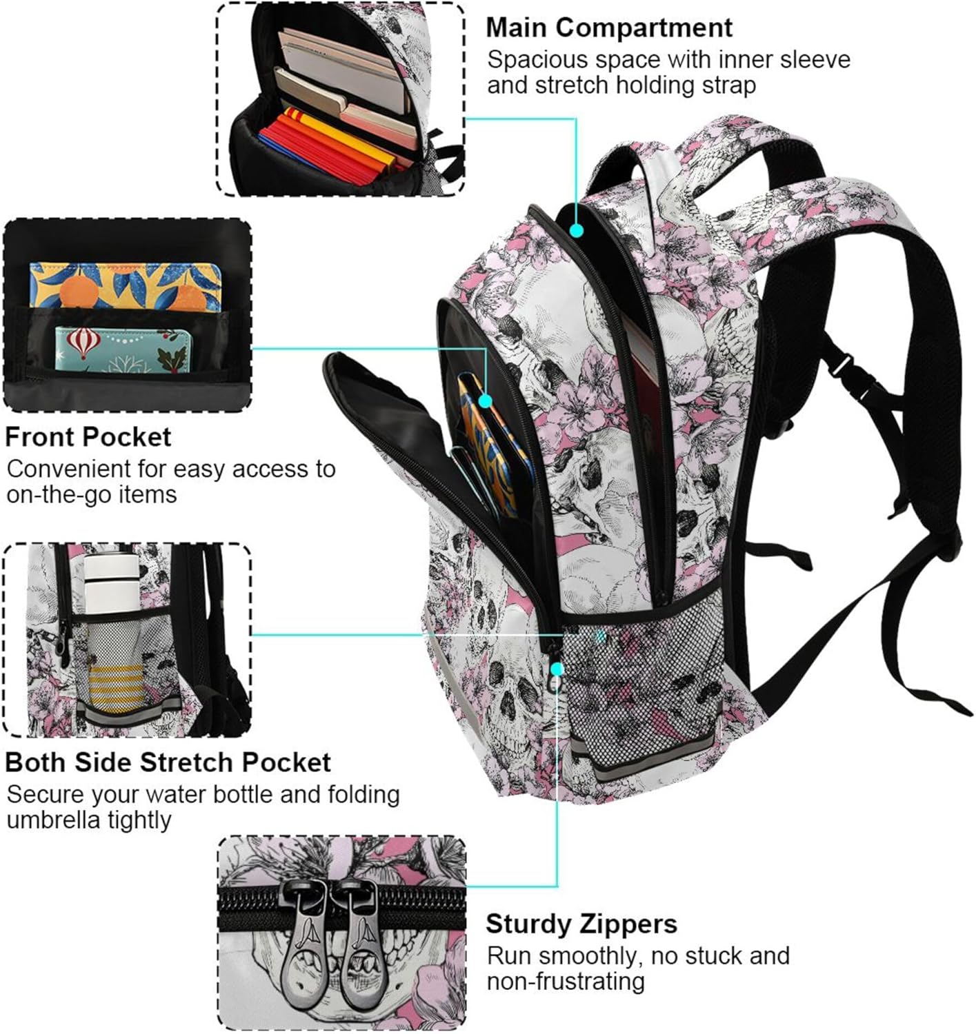 MNSRUU School Backpack with Chest Strap, Halloween Skull Flowers And Pink Cherries Laptop Backpack, Travel Hiking Backpack for Boys Girls, Rucksack, Knapsack