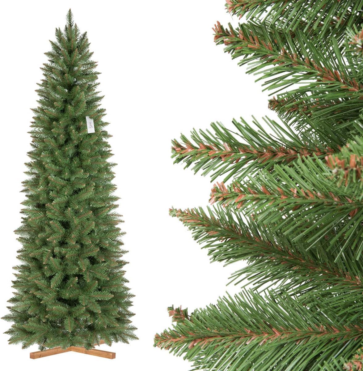 FAIRYTREES Christmas tree artificial SLIM, Natural Spruce, green trunk, PVC material, wooden stand, 7.2ft / 220cm