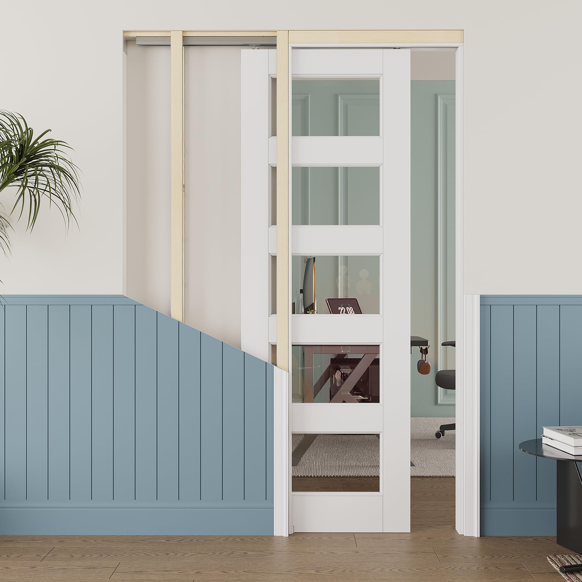 28x80 Sliding Door,Pocket Door,5 Lite Clear Glass Doors,Murphy Hidden Doors