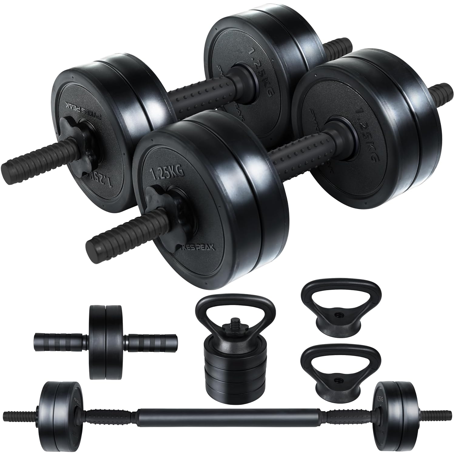 PYKES PEAK Variable Dumbbells, 11.0 lbs (5 kg), Set of 2 (10 kg), Dumbbells, Abdominal Roller, Kettlebell, 4 Ways (Adjusta