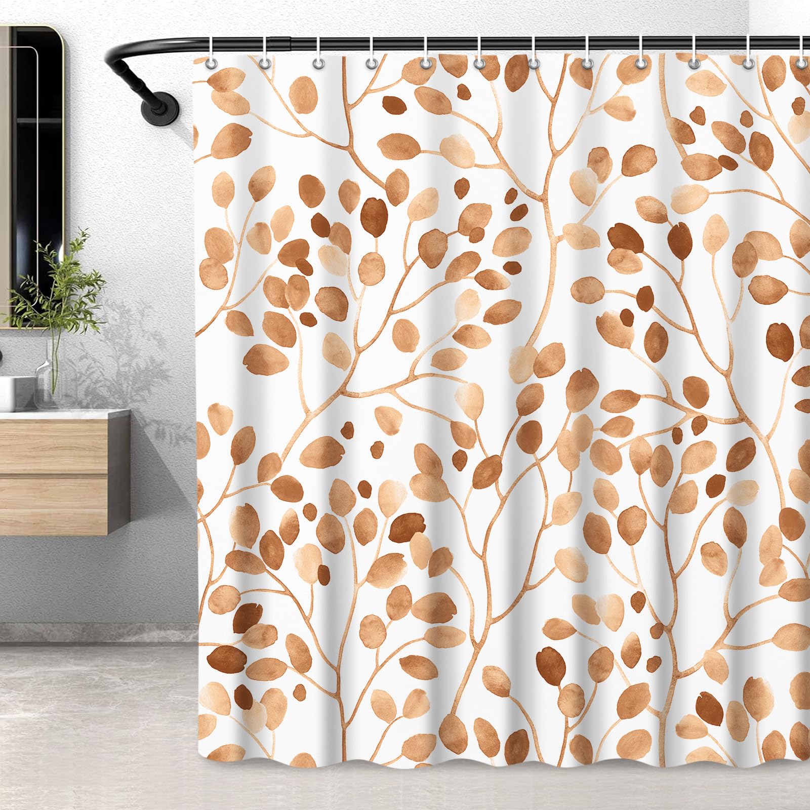 LXBNI Boho Brown Long Shower Curtain for Bathroom, Botanical Leaf Bath Curtain, Waterproof Abstract Plant Leaves Bathroom Shower Curtain Set with Hooks, 72x78 Inches