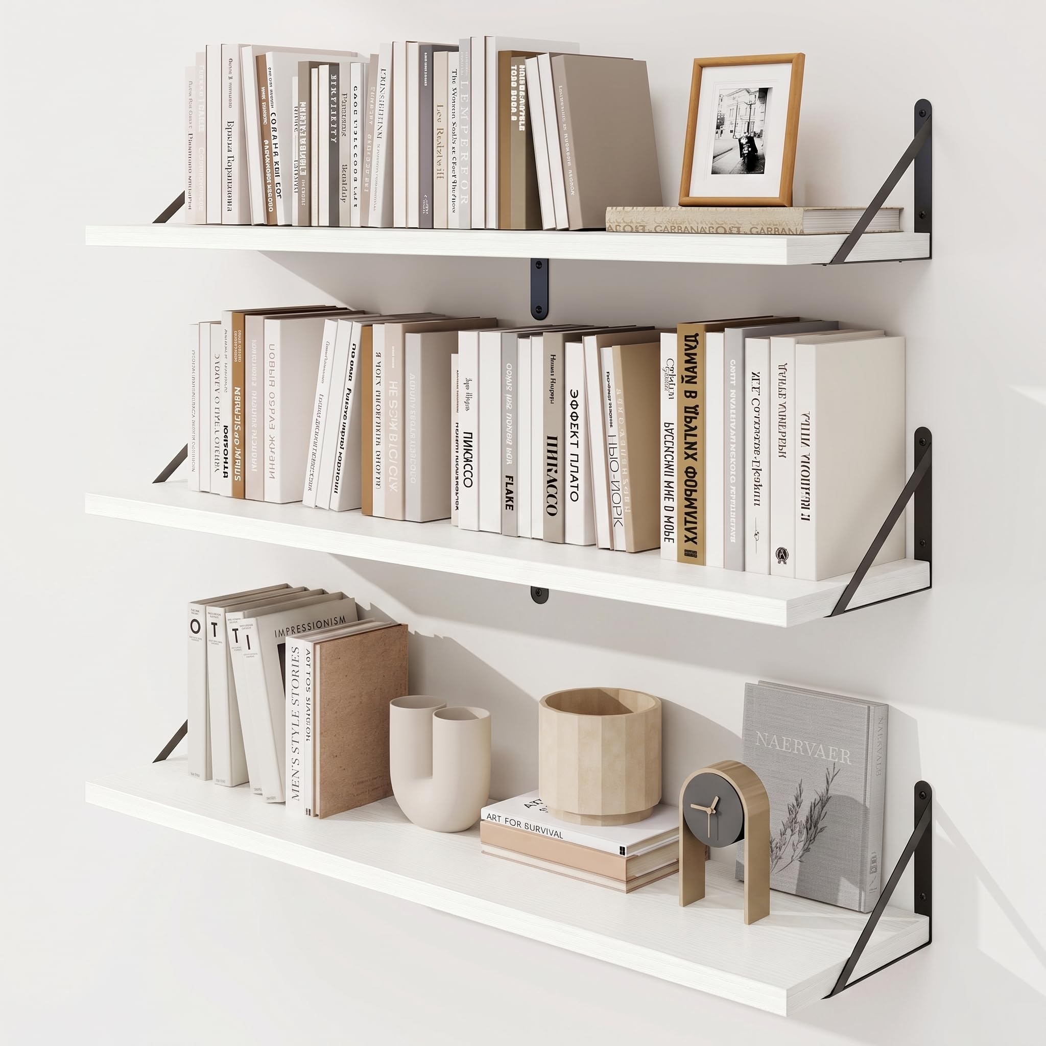 KovaScape Floating Shelves, Deep Rustic Book Shelf for Wall, 80x20 cm Wall Shelves Set of 3, Heavy Duty Metal Brackets, Wood Display Shelf for Living Room, Kitchen, Bathroom, Study, White