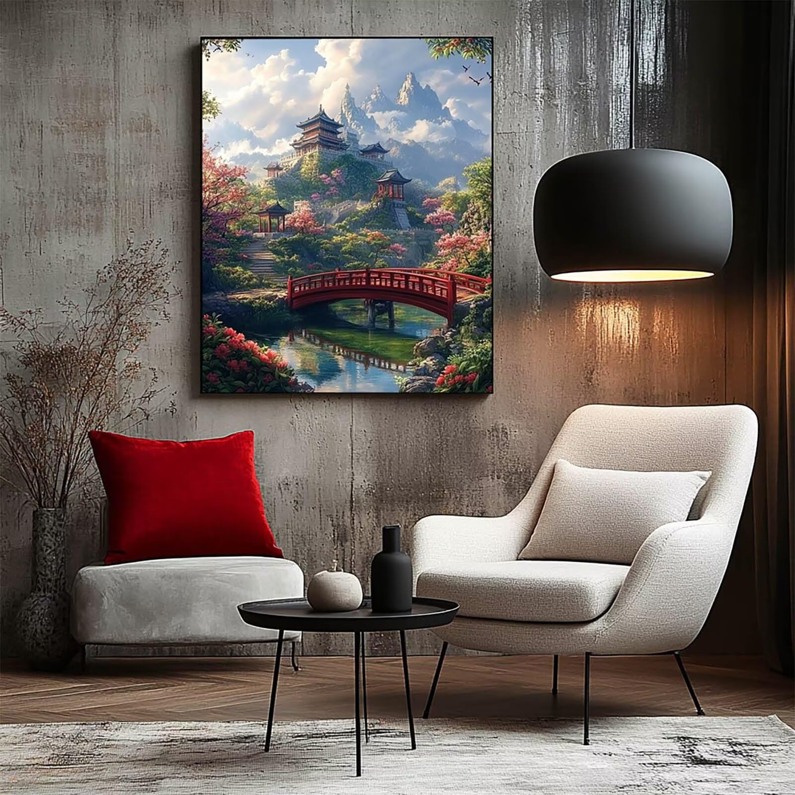 Malowanie po numerach dla dorosłych, japońska architektura, malowanie według numerów, most, 71 x 81 cm, hobby dla dorosłych kobiet, malowanie na płótnie farbą akrylową i pędzlami, zestaw artystyczny