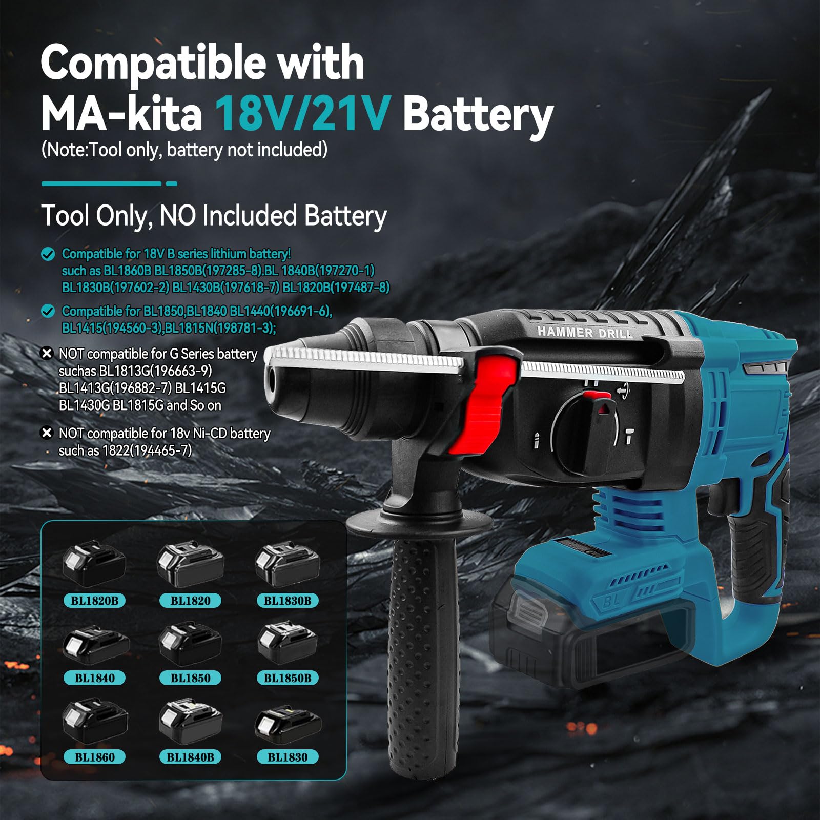 Trapano a percussione a batteria senza fili compatibile con batteria 18V, trapano a percussione SDS Plus senza spazzole con frizione di sicurezza, 650 W, utensili elettrici 2,6 J