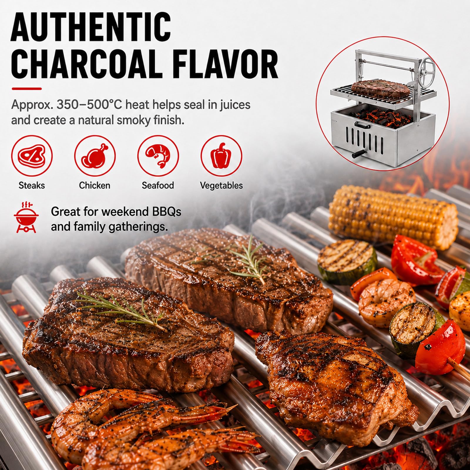 Barbecue A Carbone Smontabile con Griglia 304StainlessSteel | Due Opzioni In Acciaio Inox, Griglia A V E Manovella Laterale Per Una Regolazione Semplice Dell'altezza.