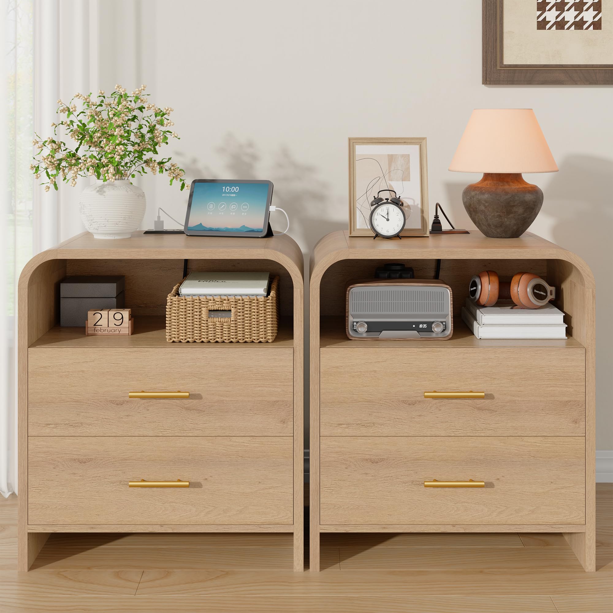 Modern Nightstand Set of 2 with Charging Station, 25'' Tall Night Stand w/ 2 Storage Drawers, 23.6'' Wide Bedside Table, Wood End Table for Bedroom, Curved Profile Design, Light Oak