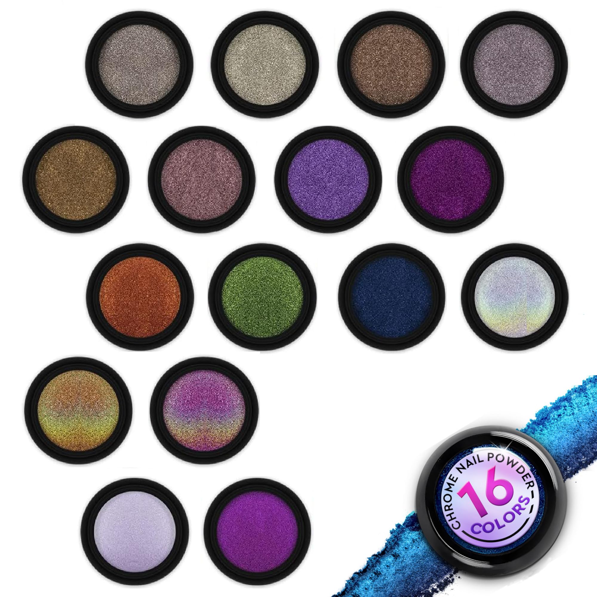 Nail Chrome Powder Set – 16 Colored Chrome Powder for Nails with Gold, Silver, Copper, Blue, Green & Red Pigments – Mirror, Holographic & Chameleon Effects for Trendy Nails Looks with Luminous Shine