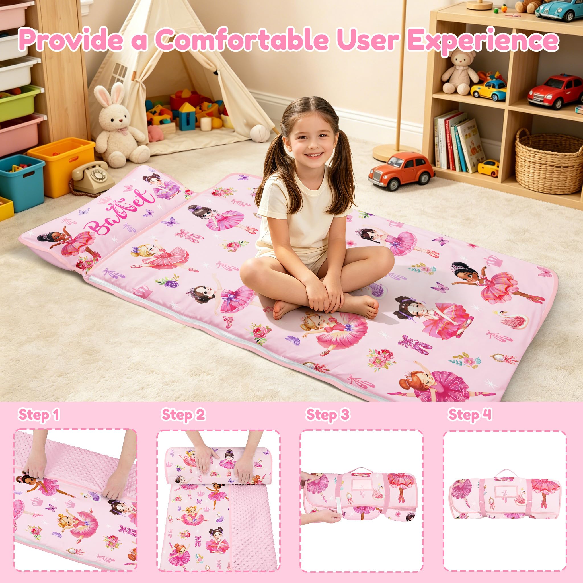 Kids Sleeping Nap Mat with Removable Pillow, 24×59 In Toddler Sleep Bag, ballet princess - Image 6