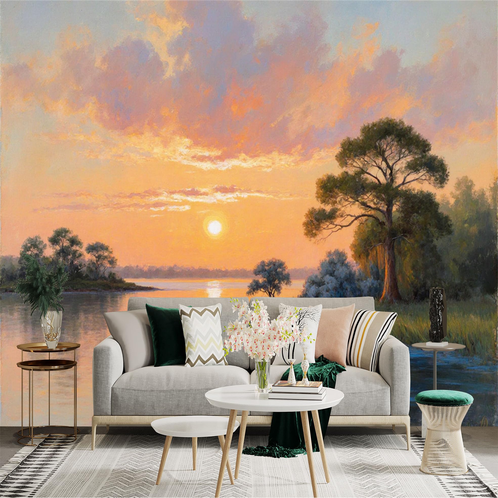 Lnzczhyre Xc260505577 Custom Size Wall Sticker Mural， Sunset Over Calm Lake， Golden Hour Scenery， Peaceful Waterside Landscape， For Wall Decoration， Peelandstick Wall Decals.