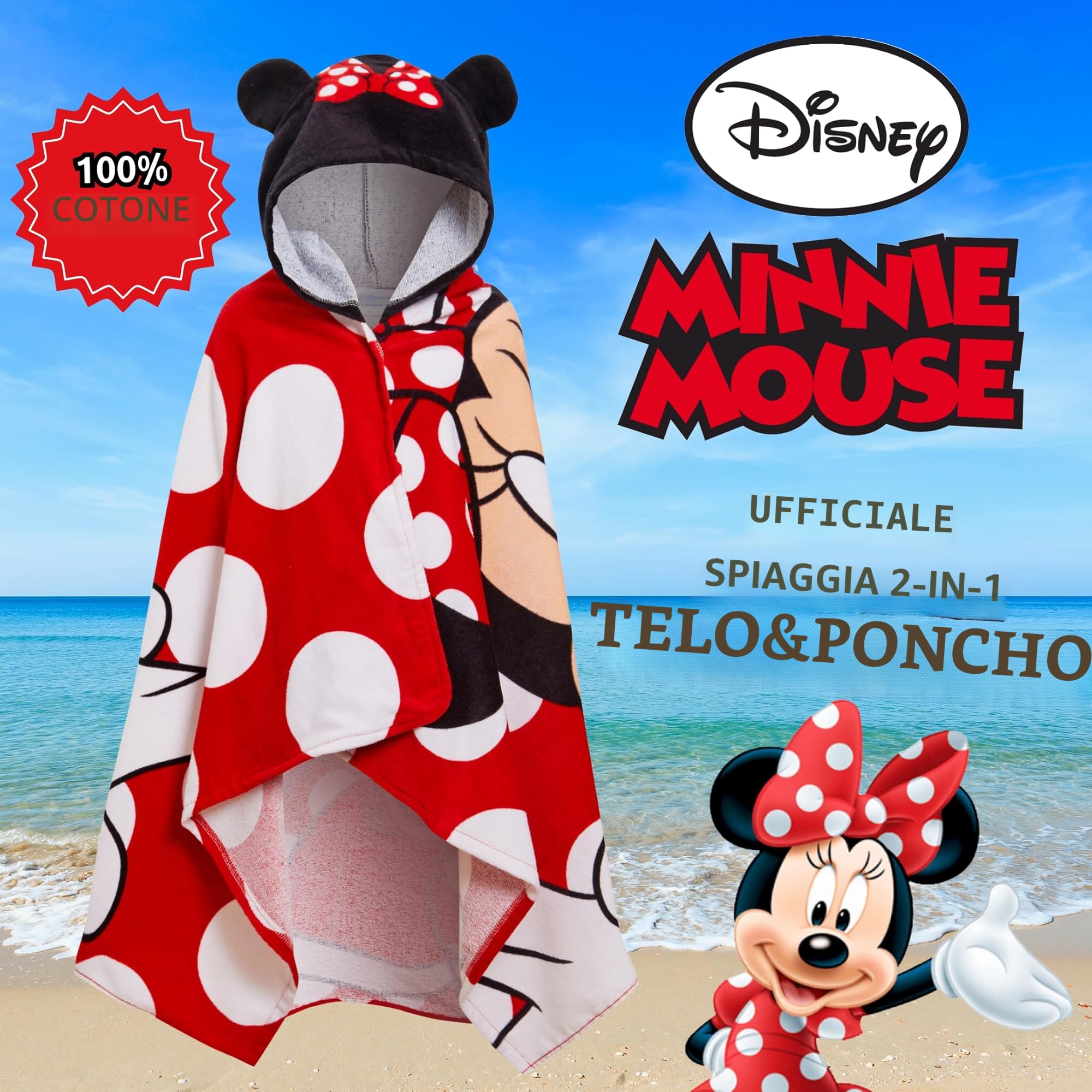Disney Asciugamano con cappuccio Minnie Mouse 100% cotone Poncho per ragazze Asciugamano da spiaggia per bambini Asciugamano da bagno Avvolgente da piscina Accappatoio da cambio