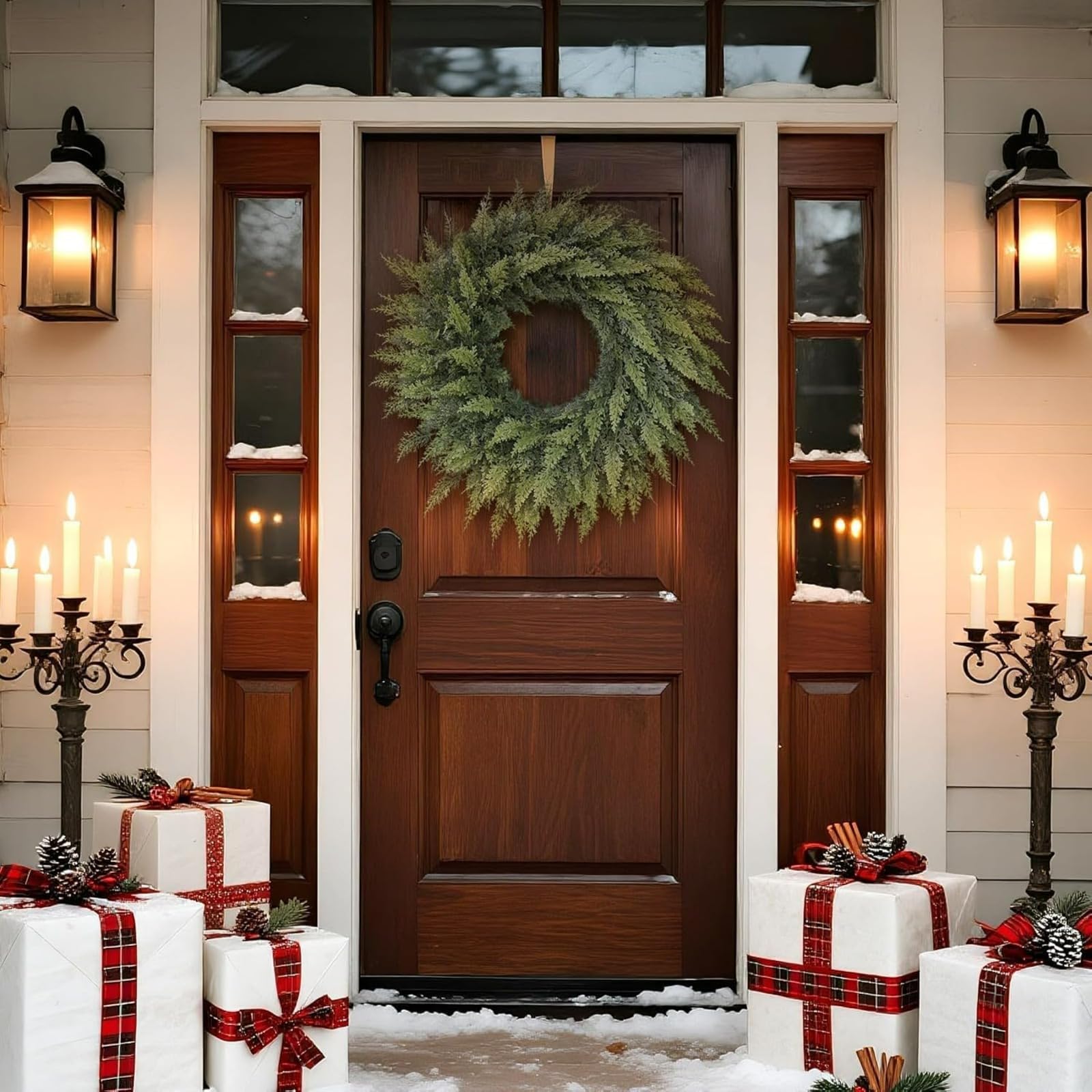 Künstlicher Zedernkranz, 61 cm, fühlt sich echt an – künstlicher Weihnachtskranz für Haustür, Urlaub, Kamin, Kaminsims, Wand, Fenster – Kieferngrün, Außendekoration