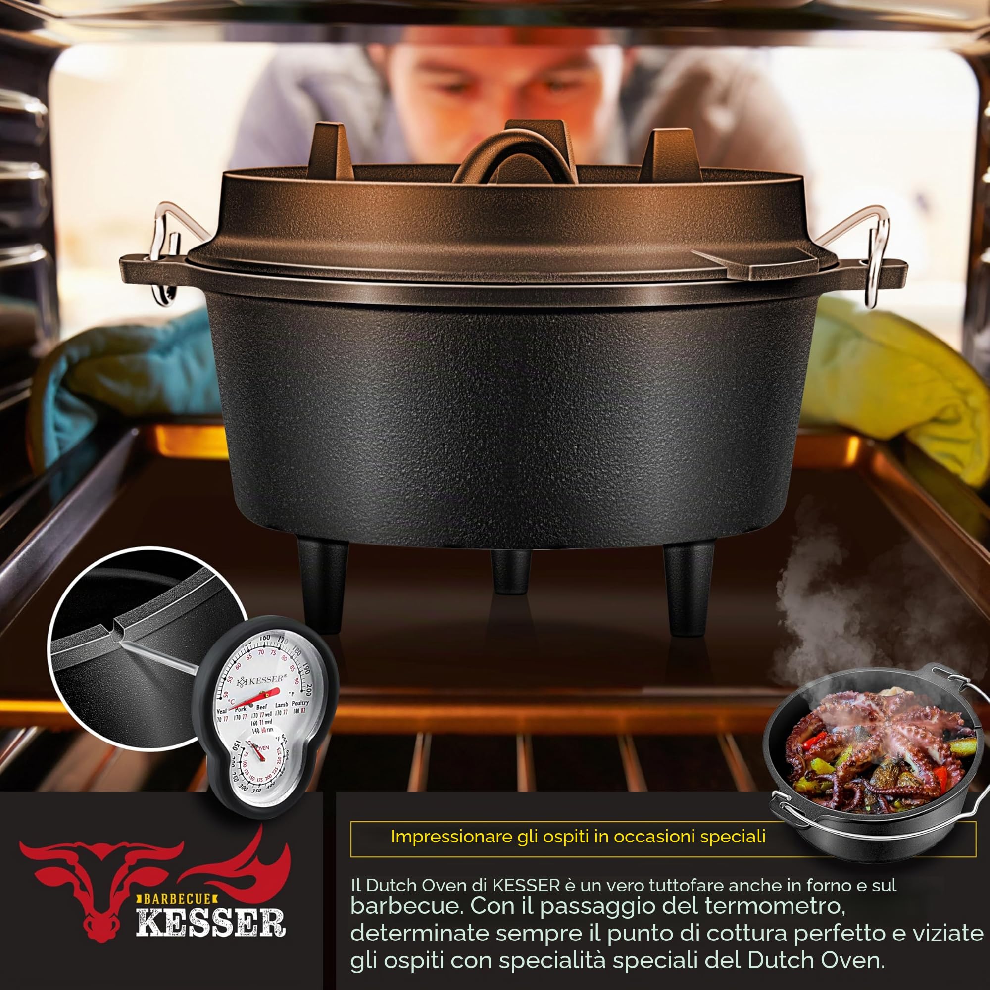 KESSER® Set forno olandese, Casseruola per barbecue, pentola in ghisa con manico per sollevare il coperchio e fessura per termometro, per barbecue, pentola per gulasch, uso esterno e interno
