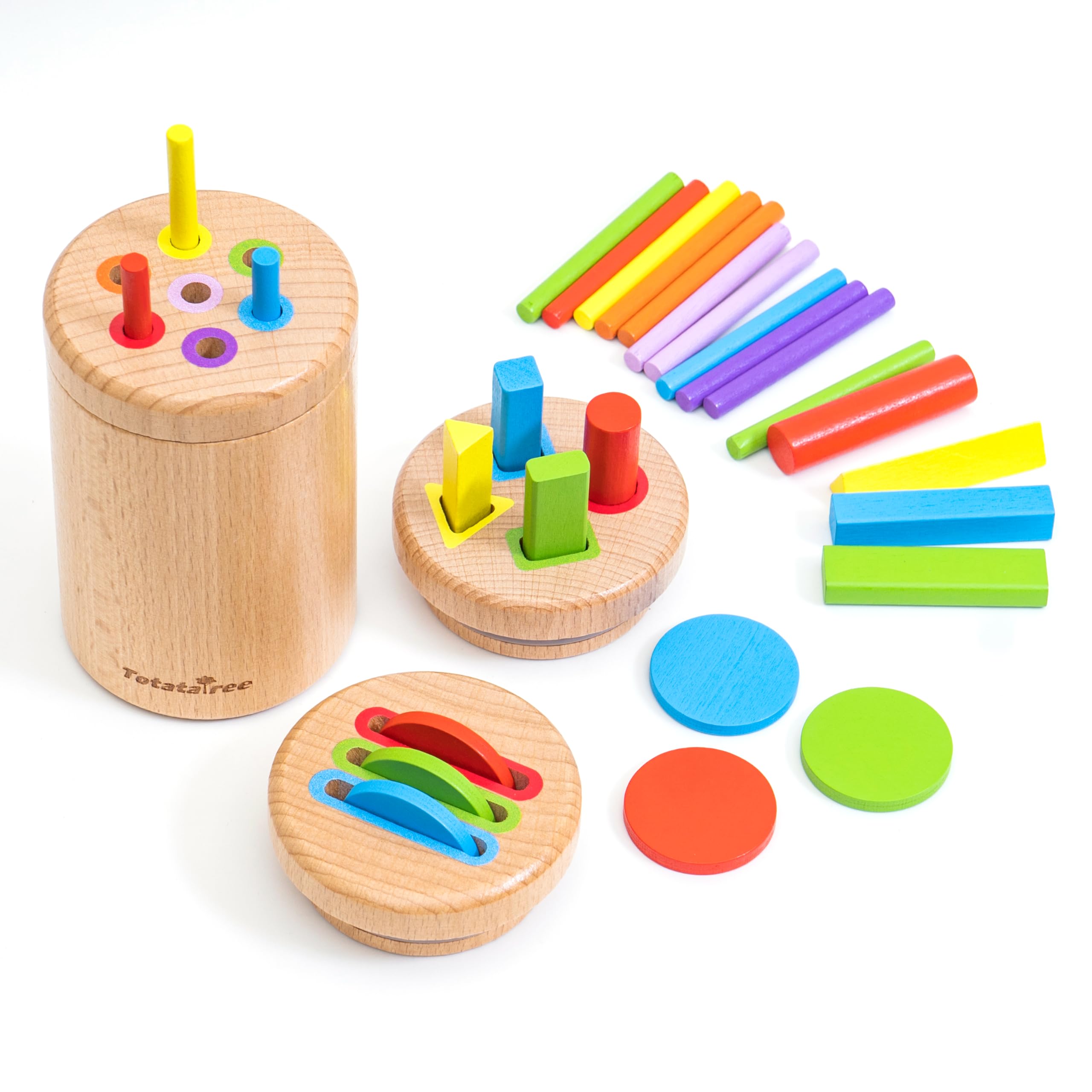 Totatatree Wooden Montessori 3-in-1 Sensory Matching Games Play Set,Shape Sorting Coin Box for Ages 2-4, Toddler Color Matching Box, Wooden Learning