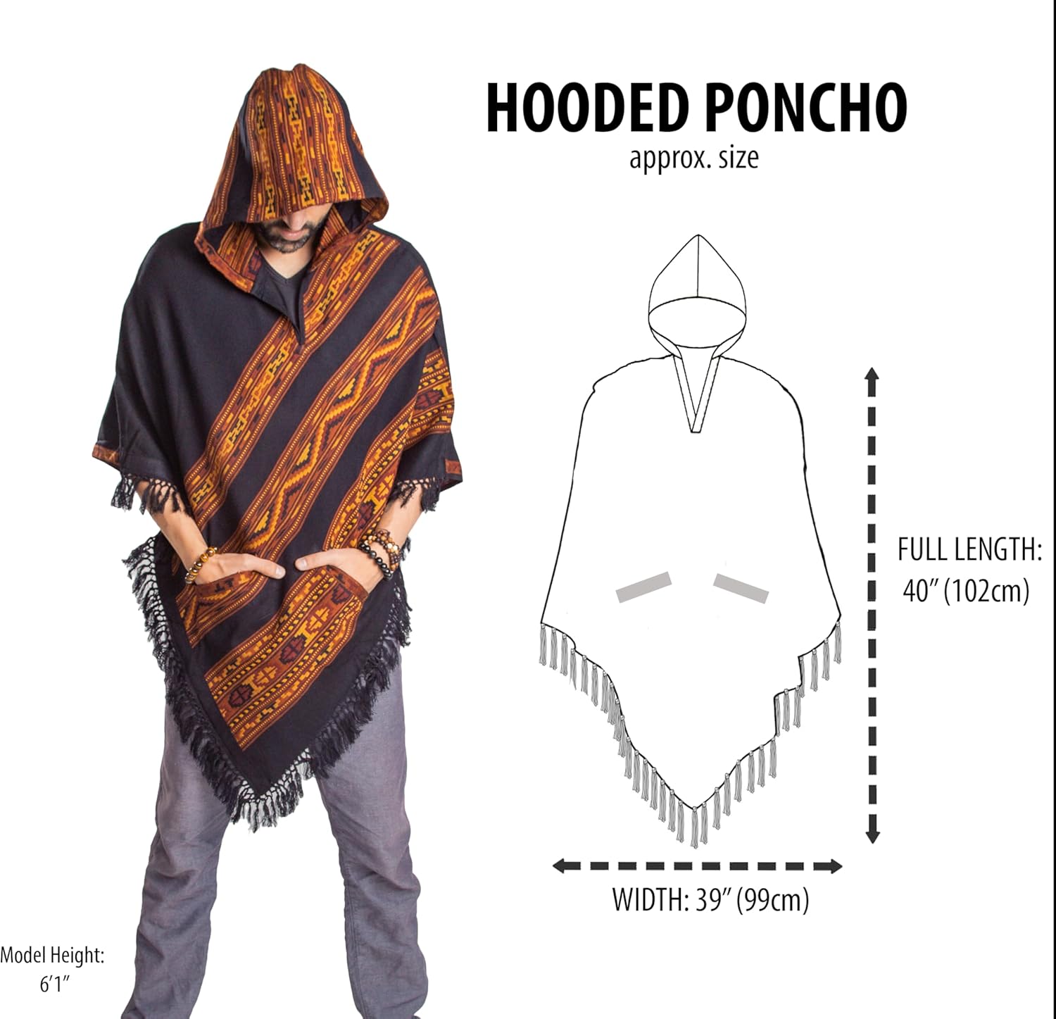 Om Shanti Crafts Hooded Poncho with Pockets and Fringes, Vegan Wool Wrap, Handmade in India. Unisex