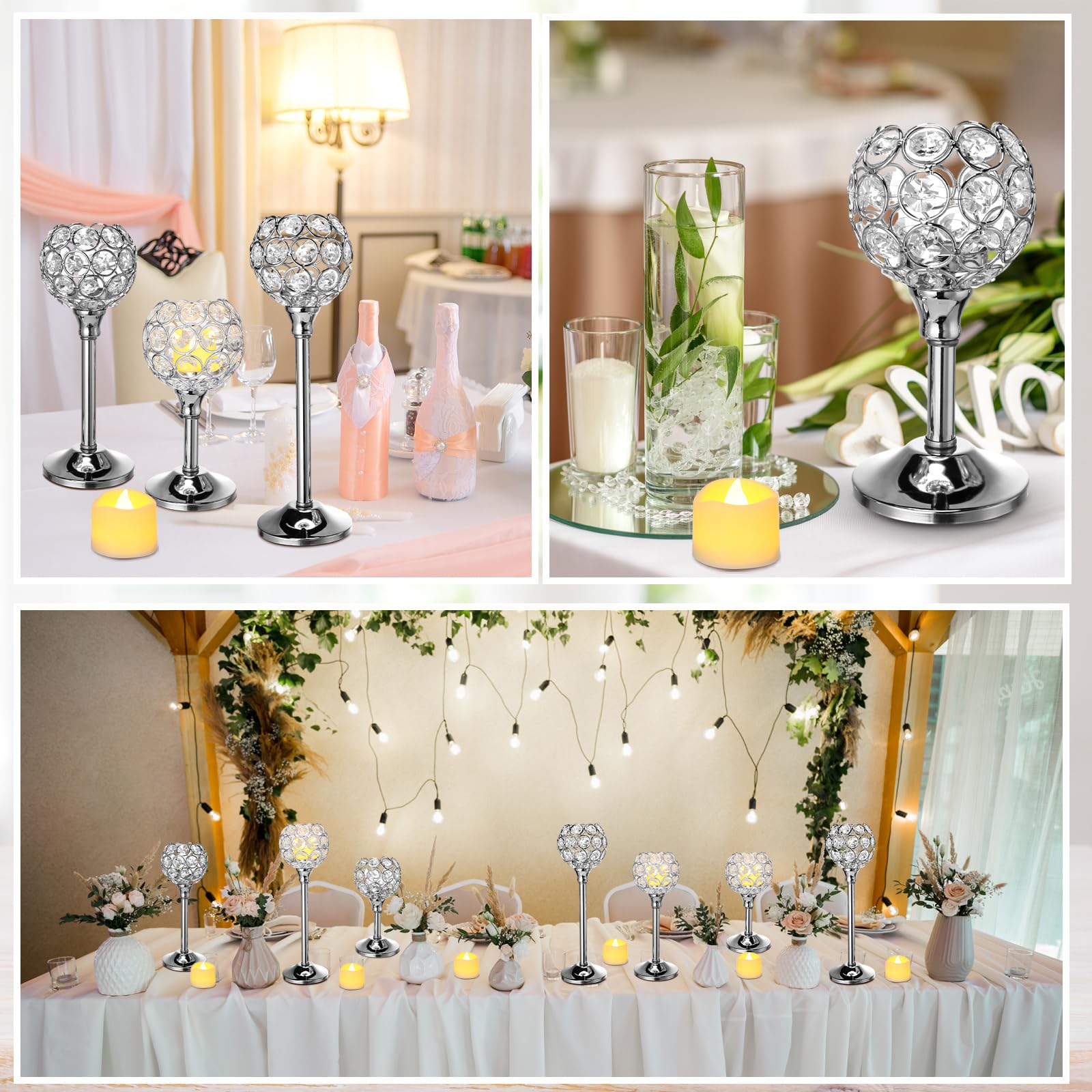 Hushee 42 Pcs Crystal Candle Holders with LED Tea Lights Candles Bulk Decorative 3 Sizes Candlestick Holders for Table Centerpieces, Christmas Home Decor, Weddings, and Housewarming Gifts (Silver)