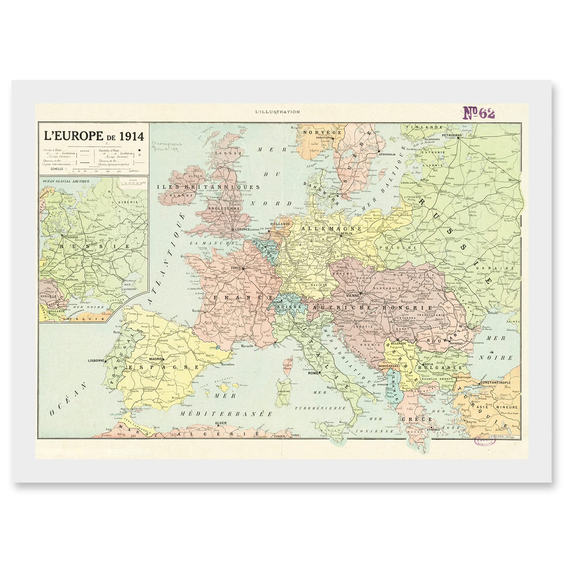Artery8 Peltier 1914 Political Map Europe French Artwork Framed Wall Art Print A4