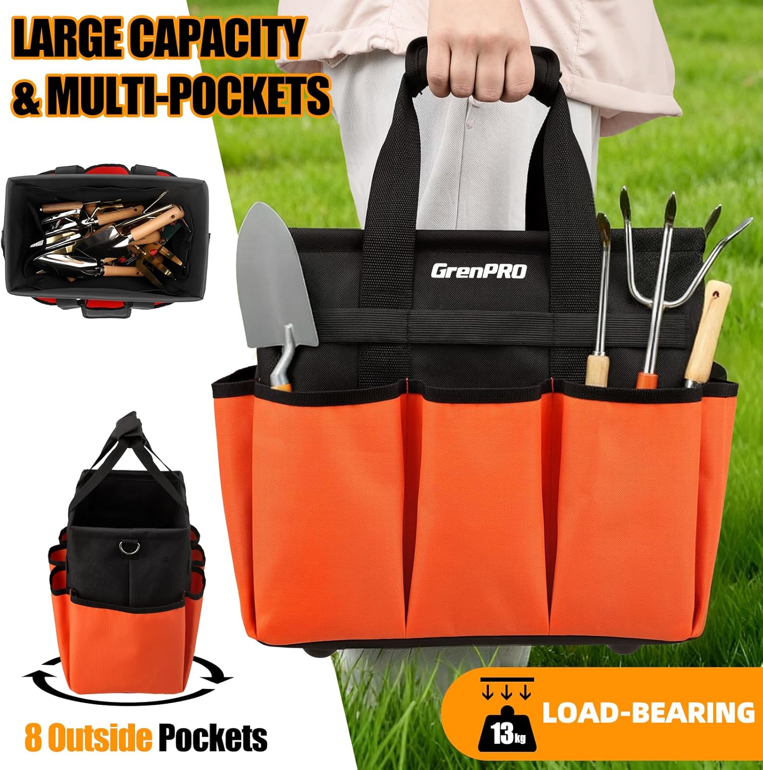 Garden Tool Bag Organizer, Heavy Duty Gardening Tote Toolbox with 10 Pockets, Adjustable Shoulder Strap, Standable & Foldable for Tool Storage, Home Garden Kit, Orange (Tools Not Included) - Image 4