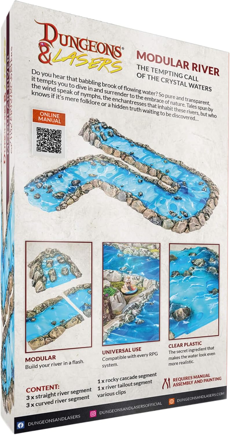 Dungeons & Lasers Modular River DND Terrain - 8 Pieces with Clear Plastic for Realistic Water Effect - for D&D and 5E Compatible Tabletop RPG Games - Unpainted and Unassembled - Ages 14 Years and up
