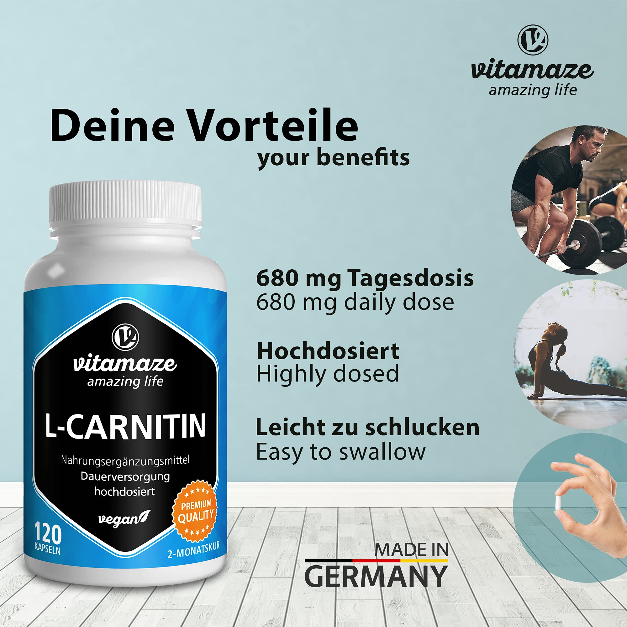 l-carnitin bedarf pro tag L-Carnitin hochdosiert & vegan, 680 mg reines L-Carnitin Tartrat pro Tag,  120 Kapseln für 2 Monate, Natürliches Supplement ohne Zusatzstoffe, Made in