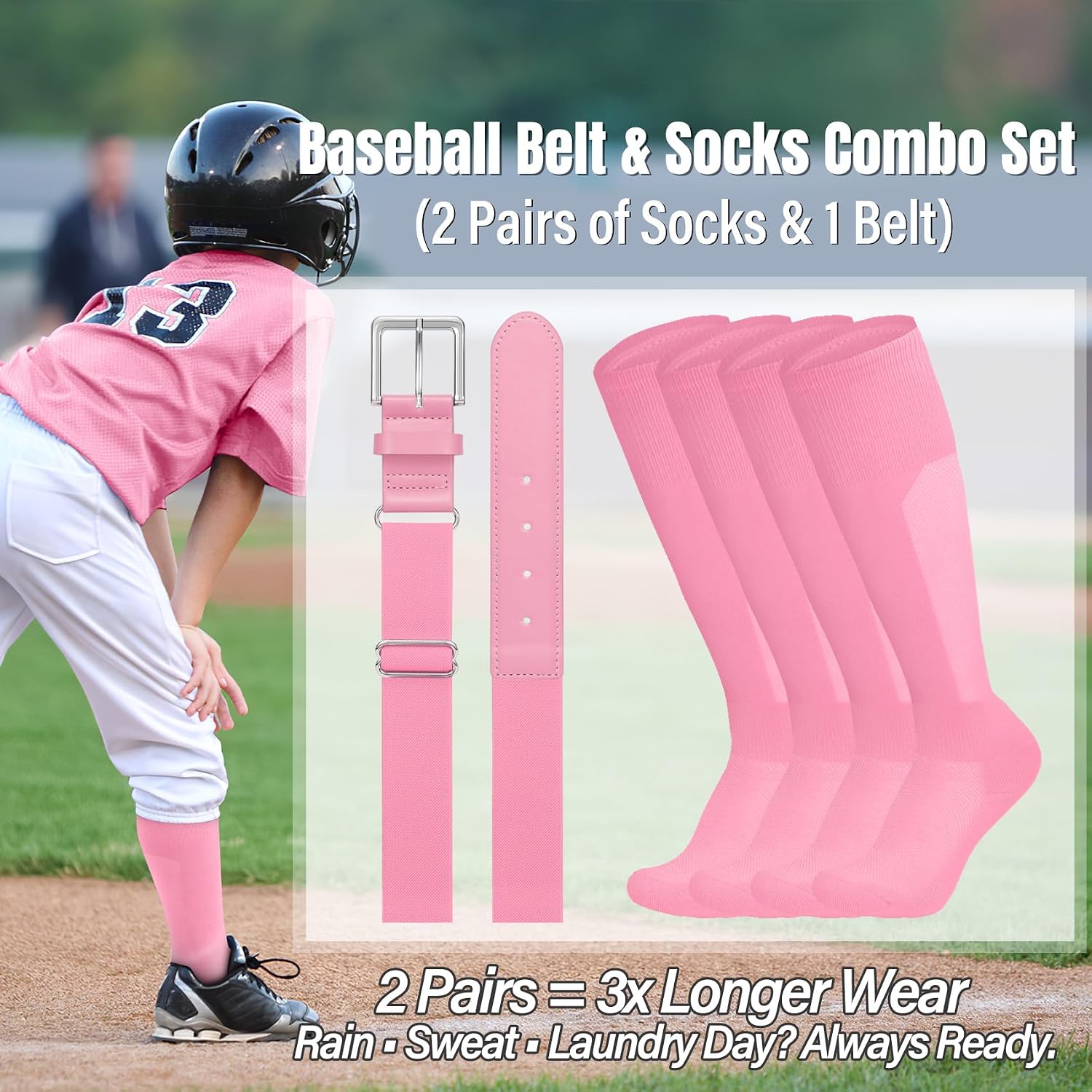 LEACOOLKEY Baseball Belt and Socks Combo 2 Pairs of Softball Socks and Elastic Belt for Youth Adult