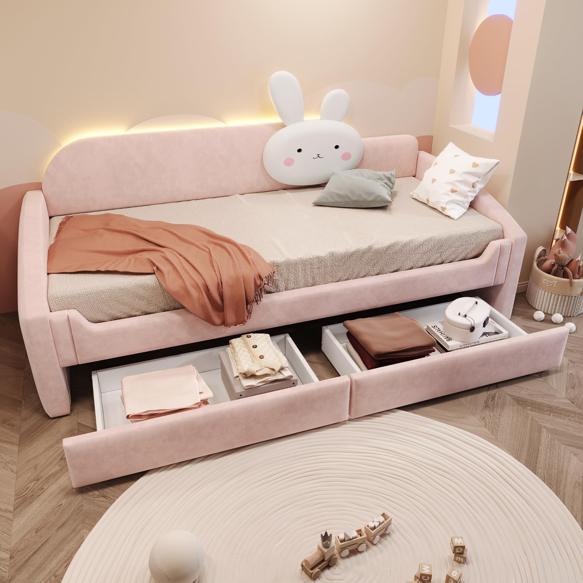 Sofá cama infantil de 90 x 200 cm con dos cajones debajo de la cama, respaldo con cojín para conejos, reposabrazos acolchados, cama para niños y niñas, tela de terciopelo, color rosa