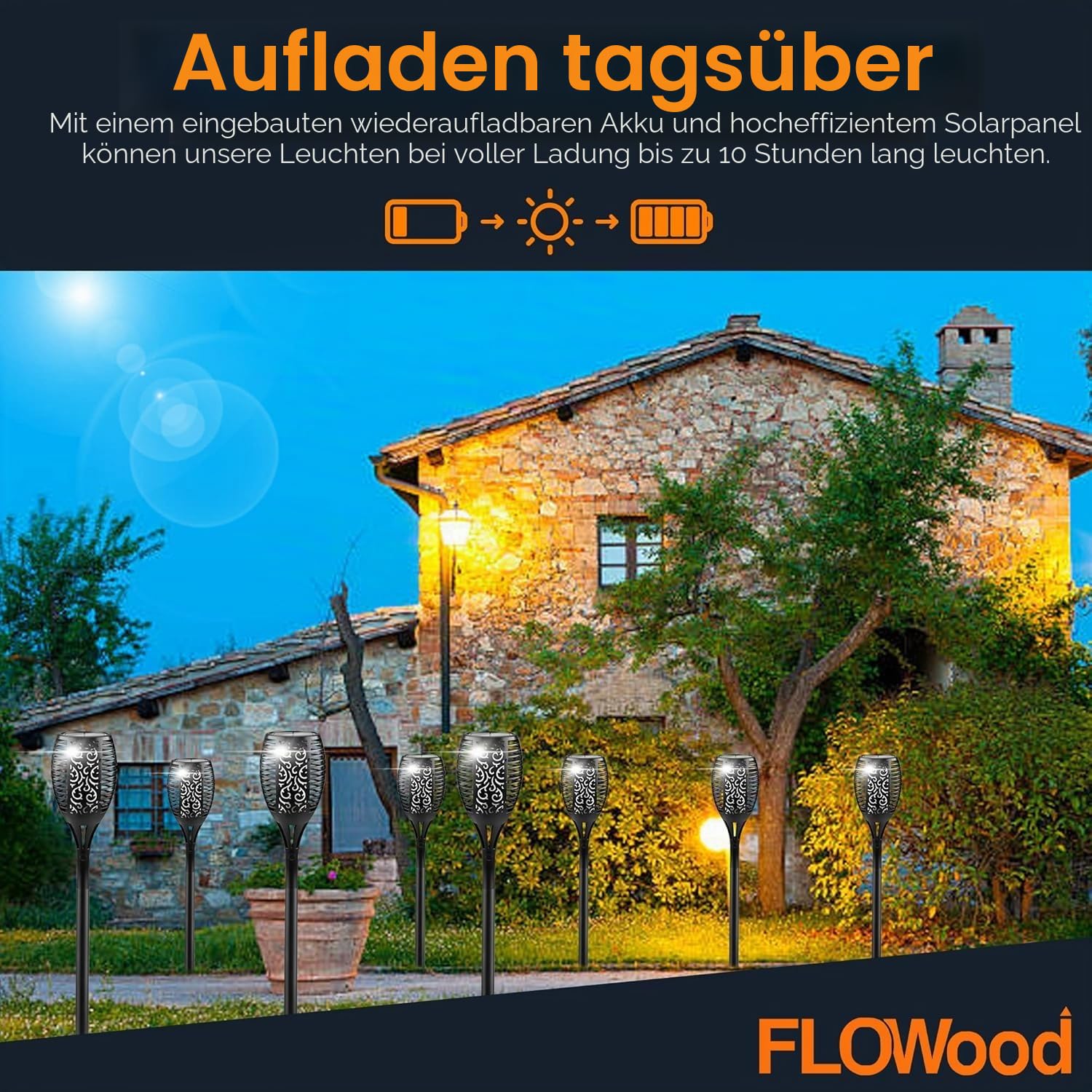 FLOWood Solarleuchten für Außen Garten 2 Stück, 96LED Solarfackeln 110cm Höhe, IP65 Wasserdicht, Automatische Ein/Aus