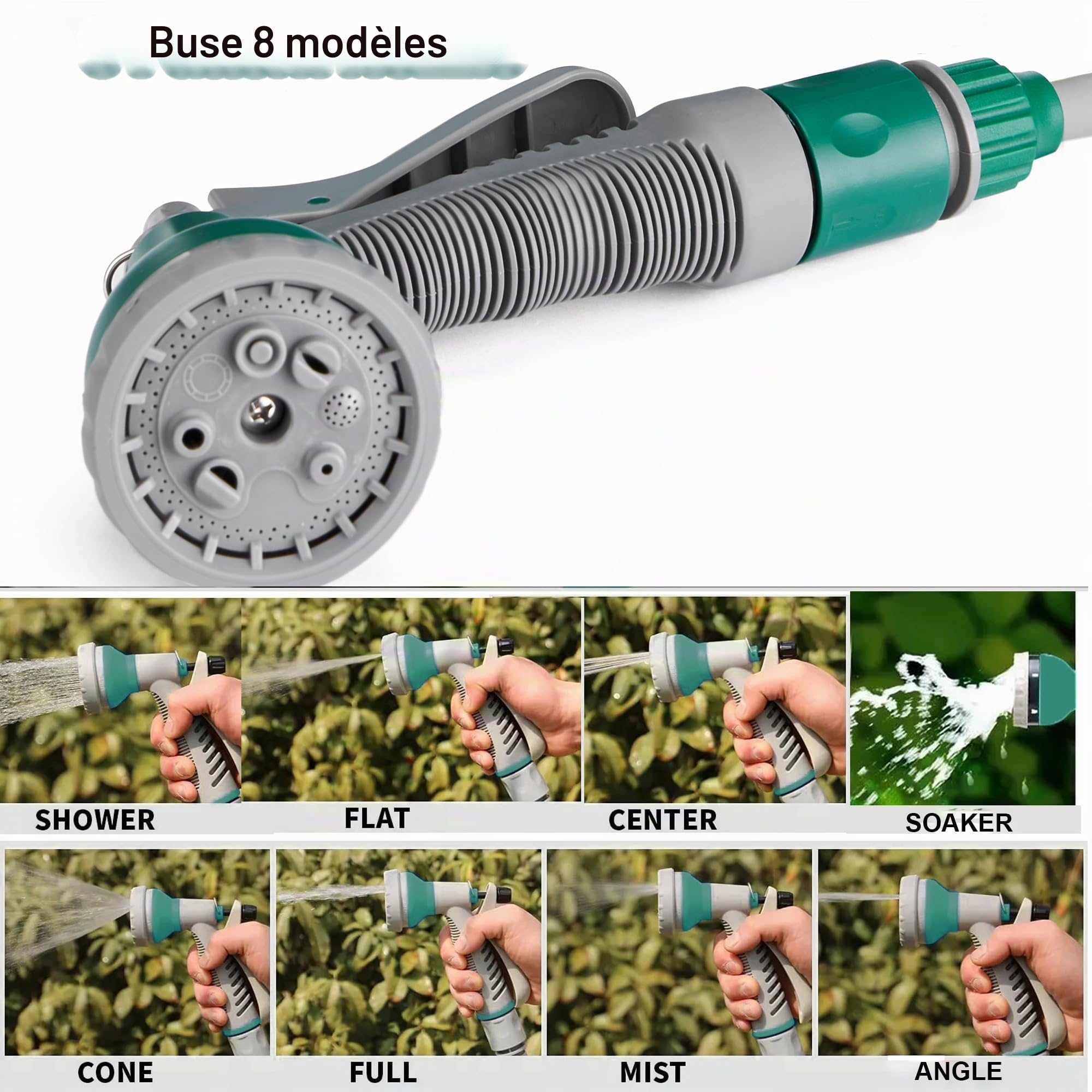 Enrouleur de tuyau d'arrosage de 14 m, compact et portable avec 8 buses de pistolet pulvérisateur réglables, enrouleur de tuyau d'arrosage manuel rétractable, ensemble de tuyau flexible d'extérieur