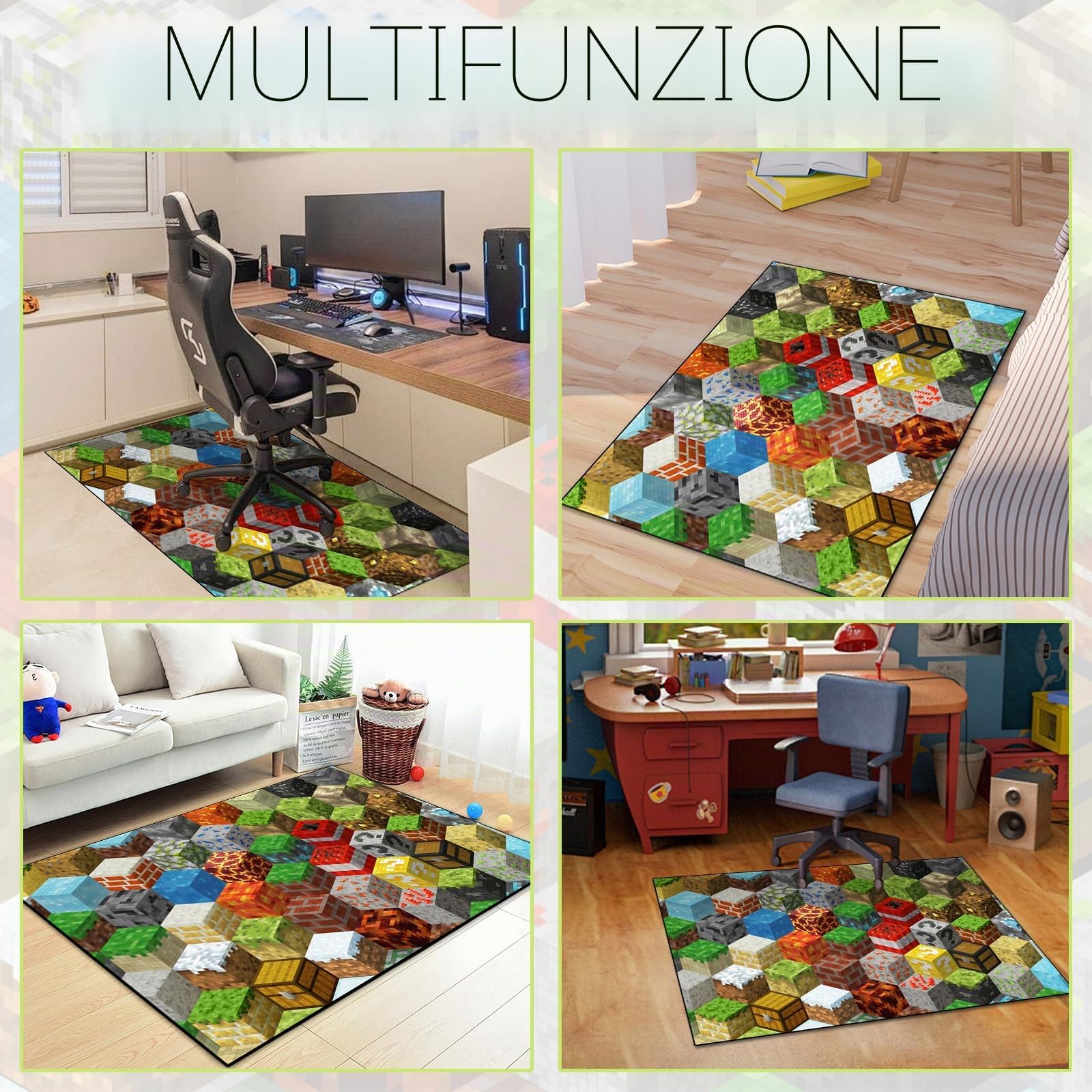 Tappeto da gioco a blocchi per adolescenti e ragazzi, con elemento di gioco pixel, tappeto decorativo, per camera da letto, soggiorno, sala giochi, antiscivolo, per area giochi per bambini (152 x