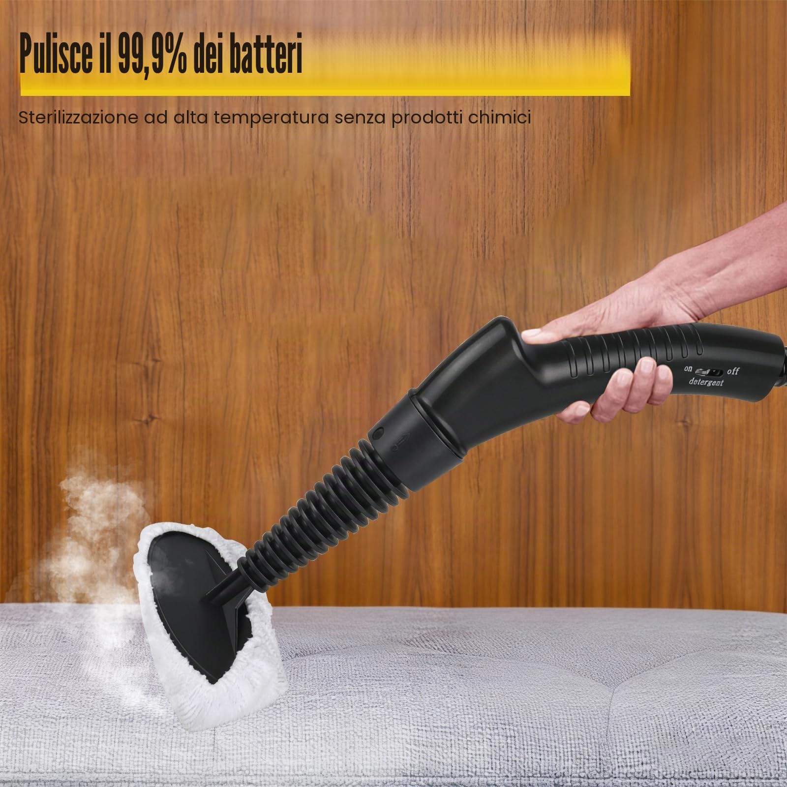 Pulitore a vapore 1800 W, 2-in-1 Scopa a vapore multifunzionale con 900 ml, accessori da 11 pezzi, vapore caldo 165 °C, tempo di 30 secondi, pulizia di cucina, forni, tappeti, divani