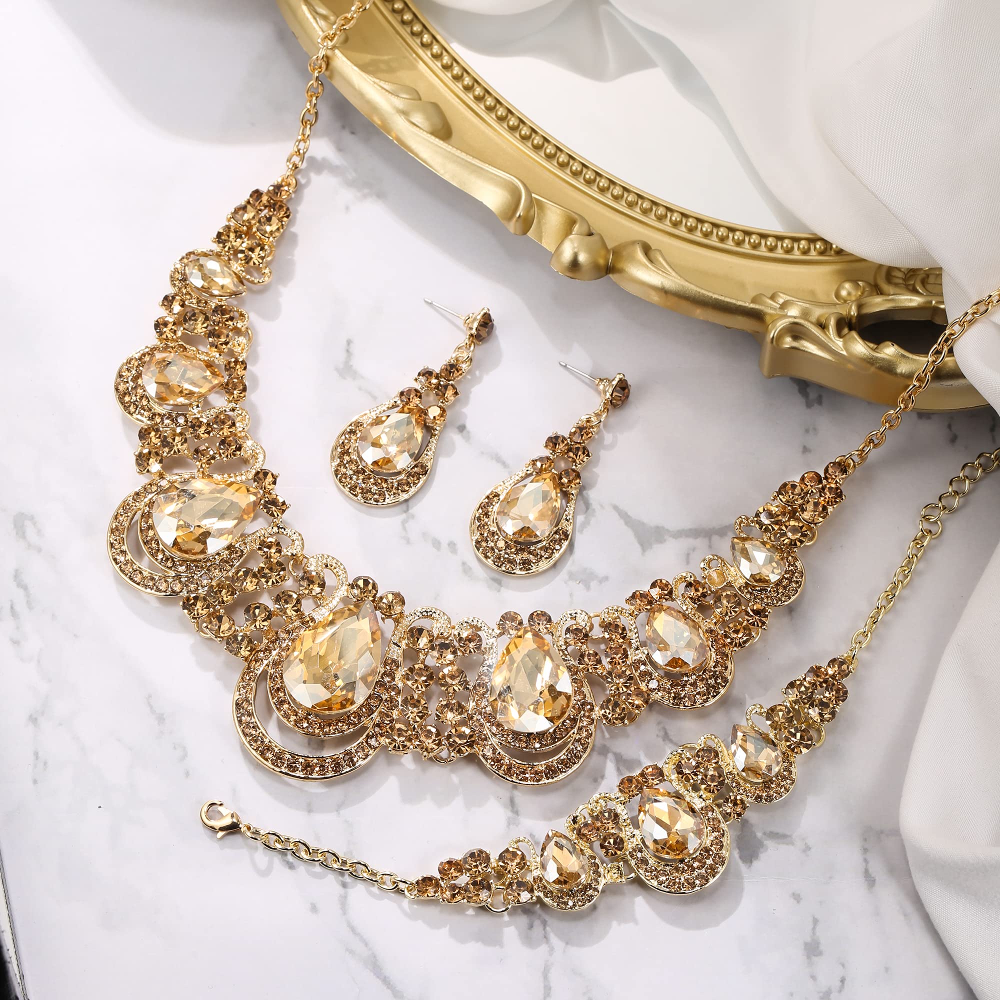Goccia Statement Cristalli Collana per Donne Cluster Hollow Orecchini Pendenti Catena Bracciale Bavaglino Set di Gioielli per Matrimonio Sposa