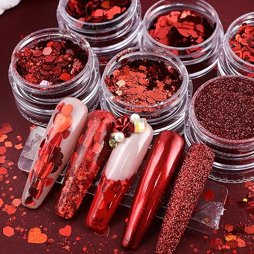 Miniatura 2 de Love Heart - Juego de polvo de lentejuelas para uñas rojas con purpurina para el día de San Valentín, kit de polvo para decoración de uñas acrílicas