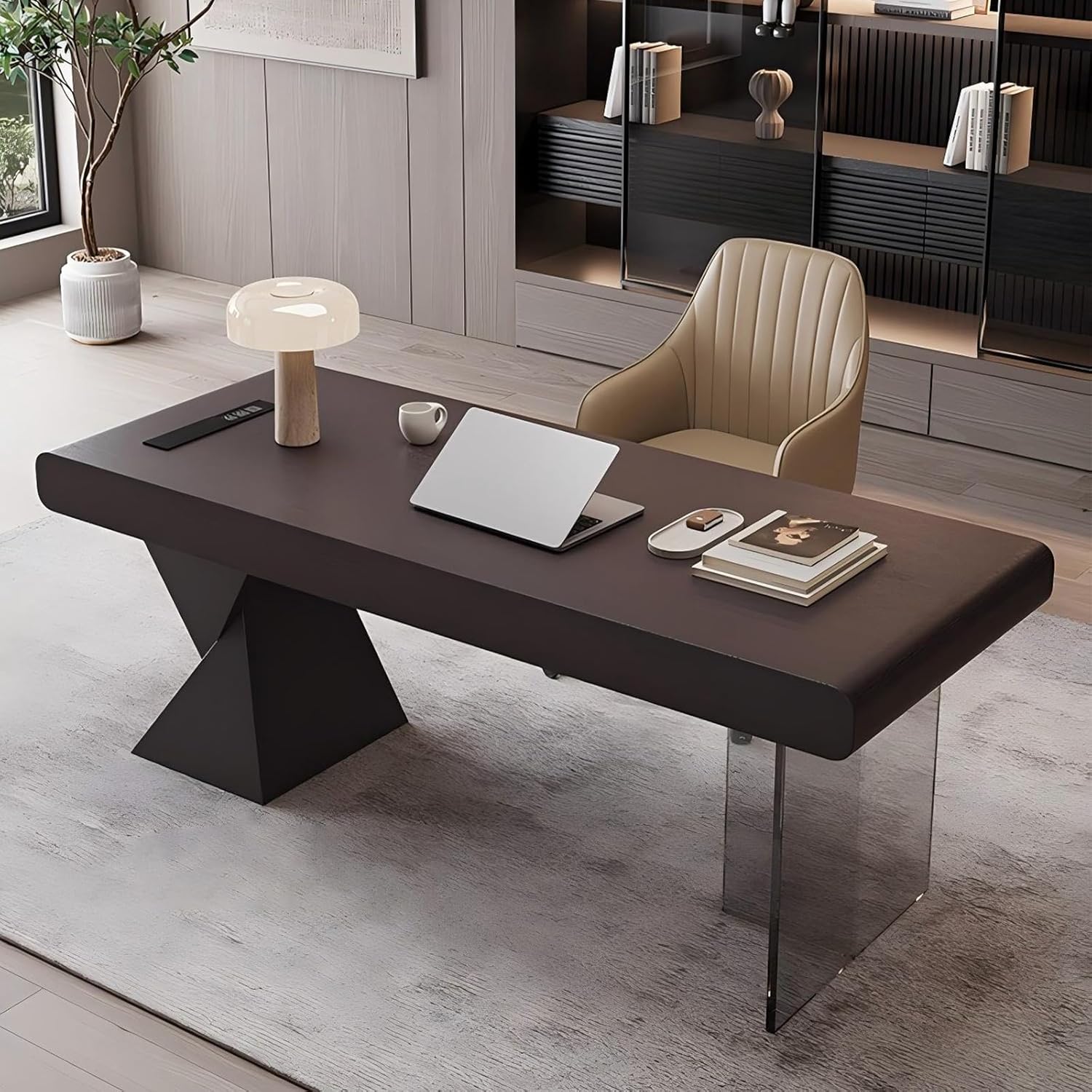 Modern Executive Office Desk, Home Office Table Includes Multi-Function Cable Box, Acrylic and Metal Legs, Computer Writing Desk with Soft-Close Drawers for Home Business (Dark Walnut, 64in)