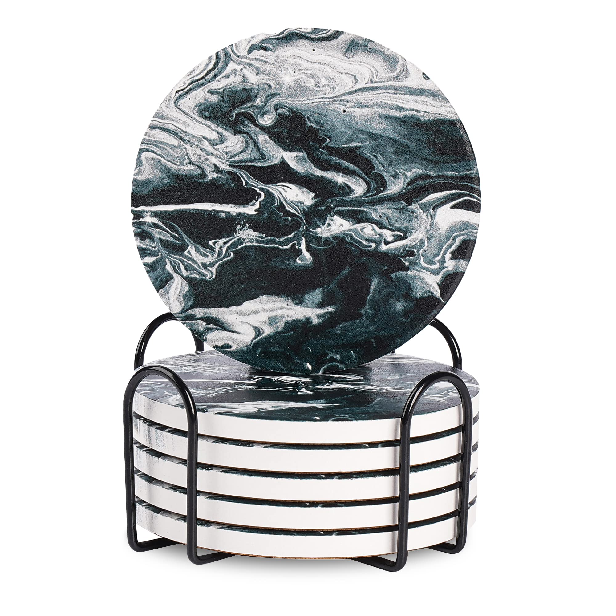 Guruji Divinity Coasters for Drinks, Round Absorbent Ceramic Stone Set of 6 with Cork Base, Funny Drink Holder Cold Drinks Wine Mugs and Cups Tabletop Protection, 4 Inches (Black)