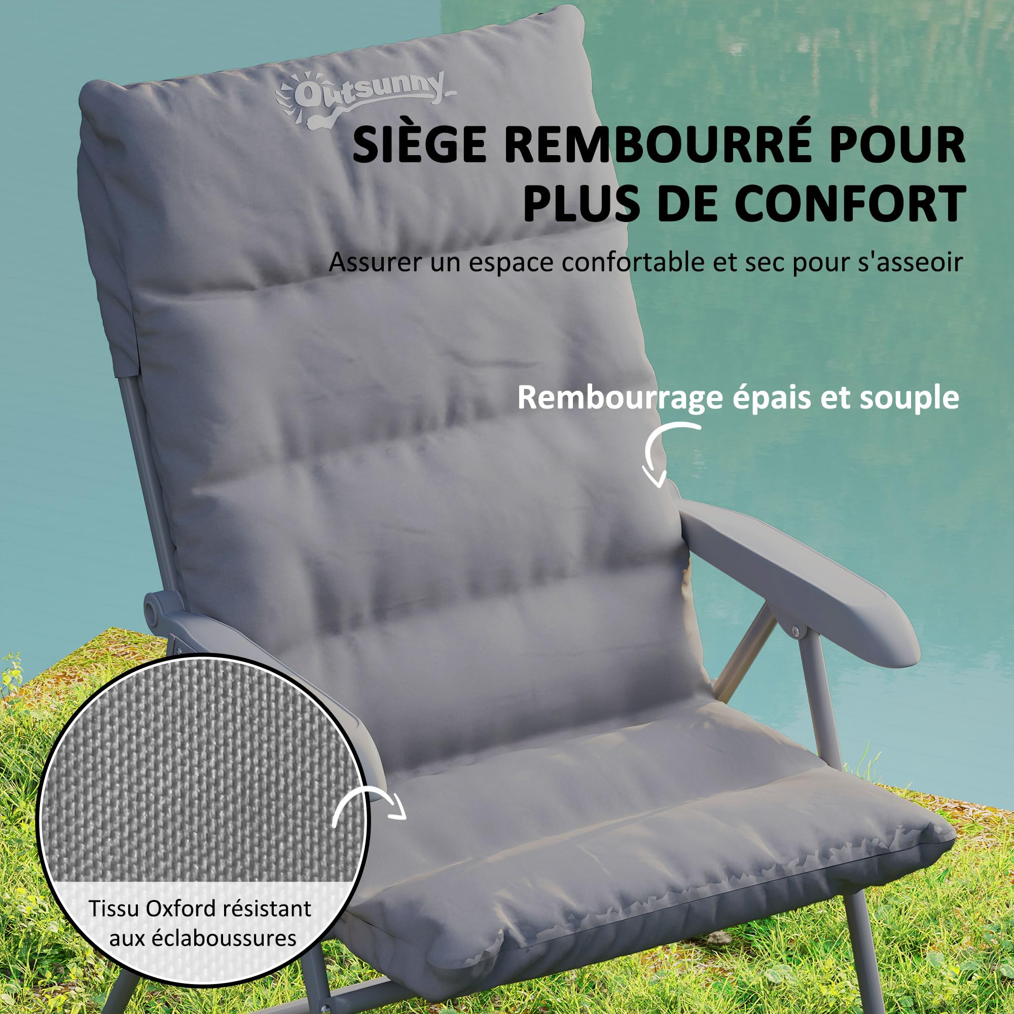 Outsunny Chaise Pliante Camping, Chaise de pêche avec siège rembourré, Dossier Haut réglable et Poches latérales, Fauteuil Pliant pour randonnée, pêche, Plage et Pique-Nique, Gris