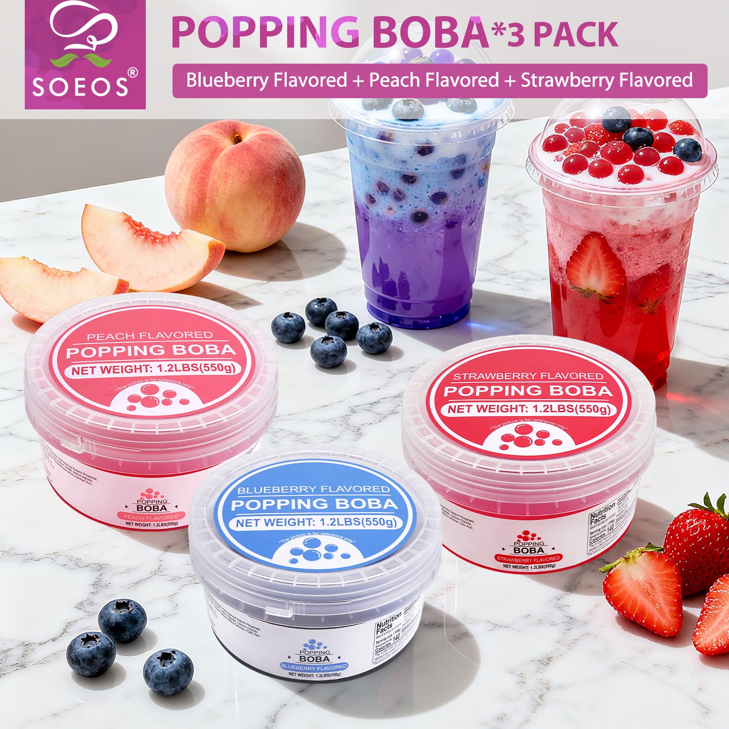 Soeos Popping Boba, 1.2 lbs, 550g (Strawberry, Blueberry & Peach) Pack of 3 – Bursting Fruit Flavor Pearls for Drinks, Desserts & Toppings