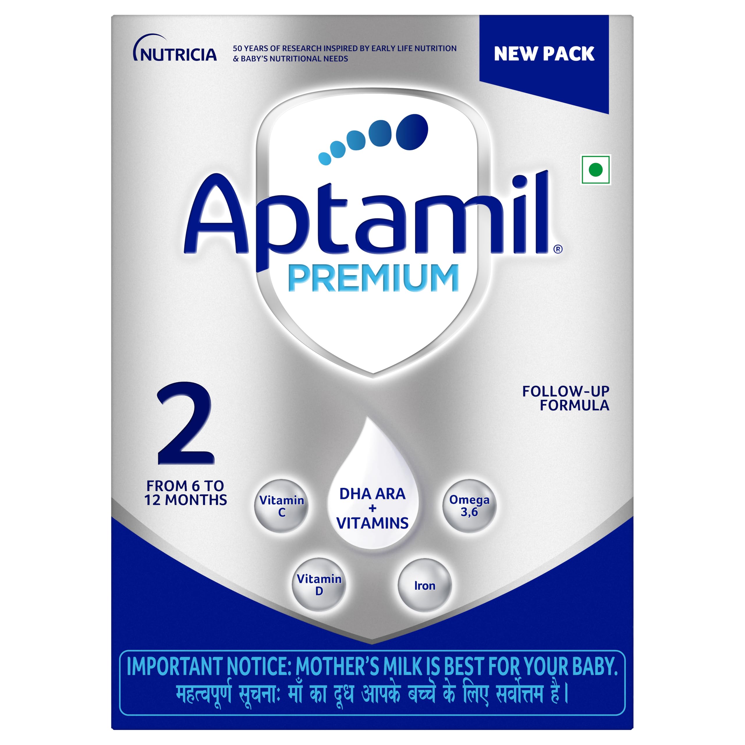 Aptamil Premium Infant Formula Milk Powder for Babies - Stage 2 (6-12 Months) - with Prebiotics and DHA - 400gms - BIB Pack