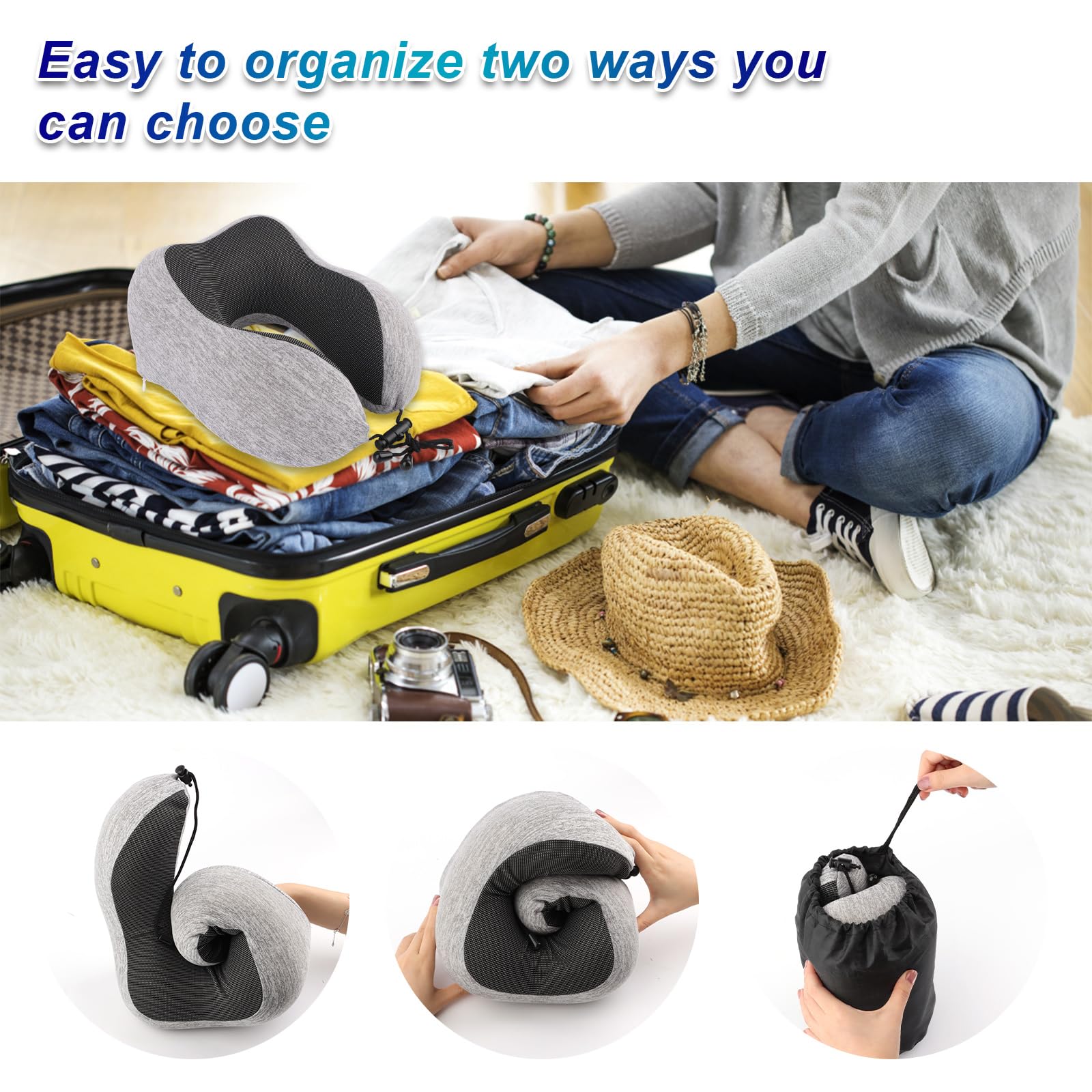 Coussin De Voyage Gonflable Oreiller De Cou Portable En Velours Doux Avec Sac De Rangement Pour L'avion, Le Train, La Voiture Et Le Bureau,Bleu,2PCS