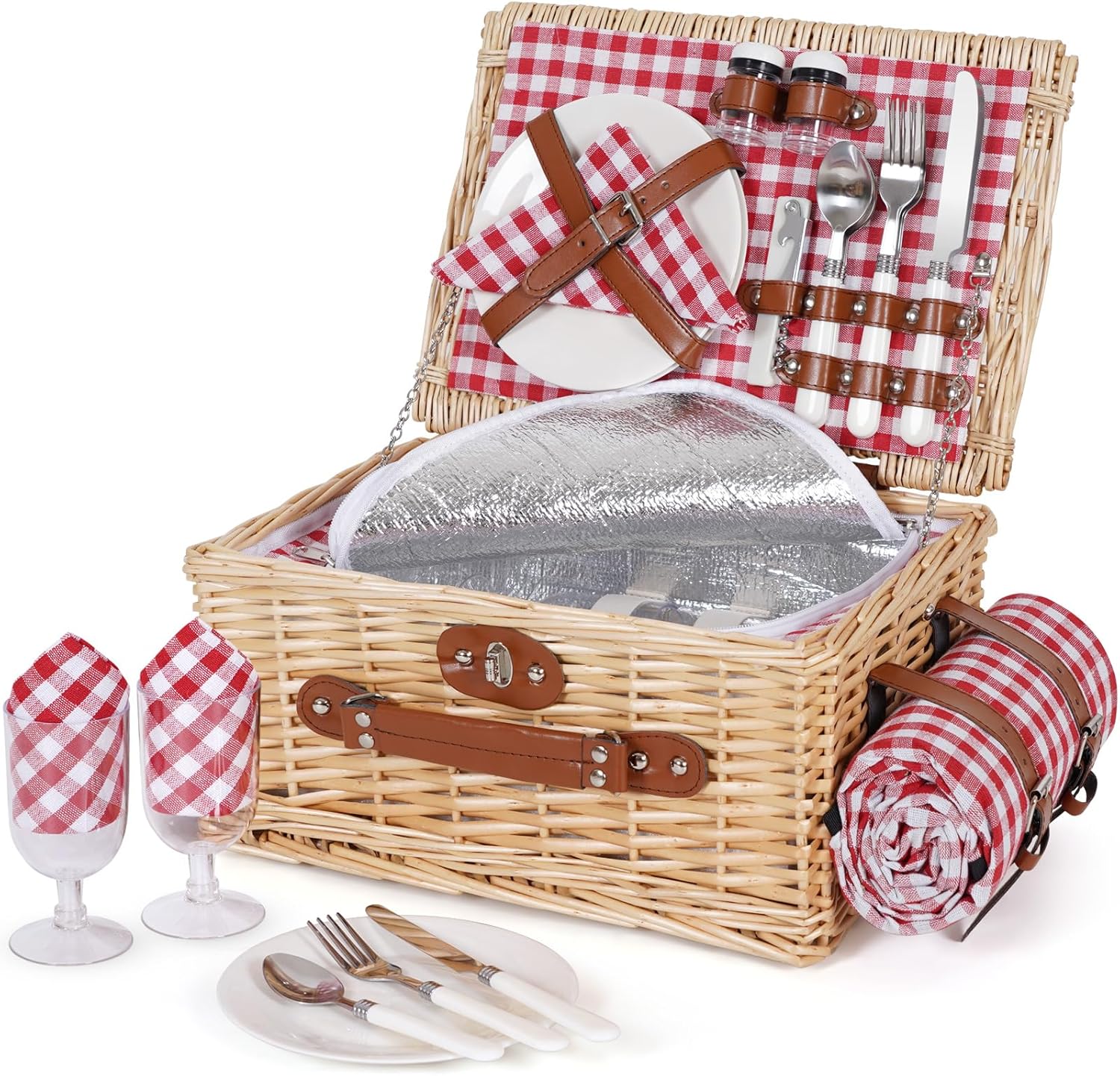 HappyPicnic Picnic Basket Set for 2 - Wicker Picnic Basket with Waterproof Blanket & Insulated Liner, Large Handmade Willow Hamper with Cutlery Kit for Outdoor, Picnic, Camping, Party, Holidays (Red)