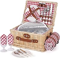HappyPicnic Wicker Picnic Basket Set for 2 with Waterproof Blanket, Insulated Liner & Cutlery Kit - Handmade Willow Hamper for Picnics, Camping, Beach (Red)