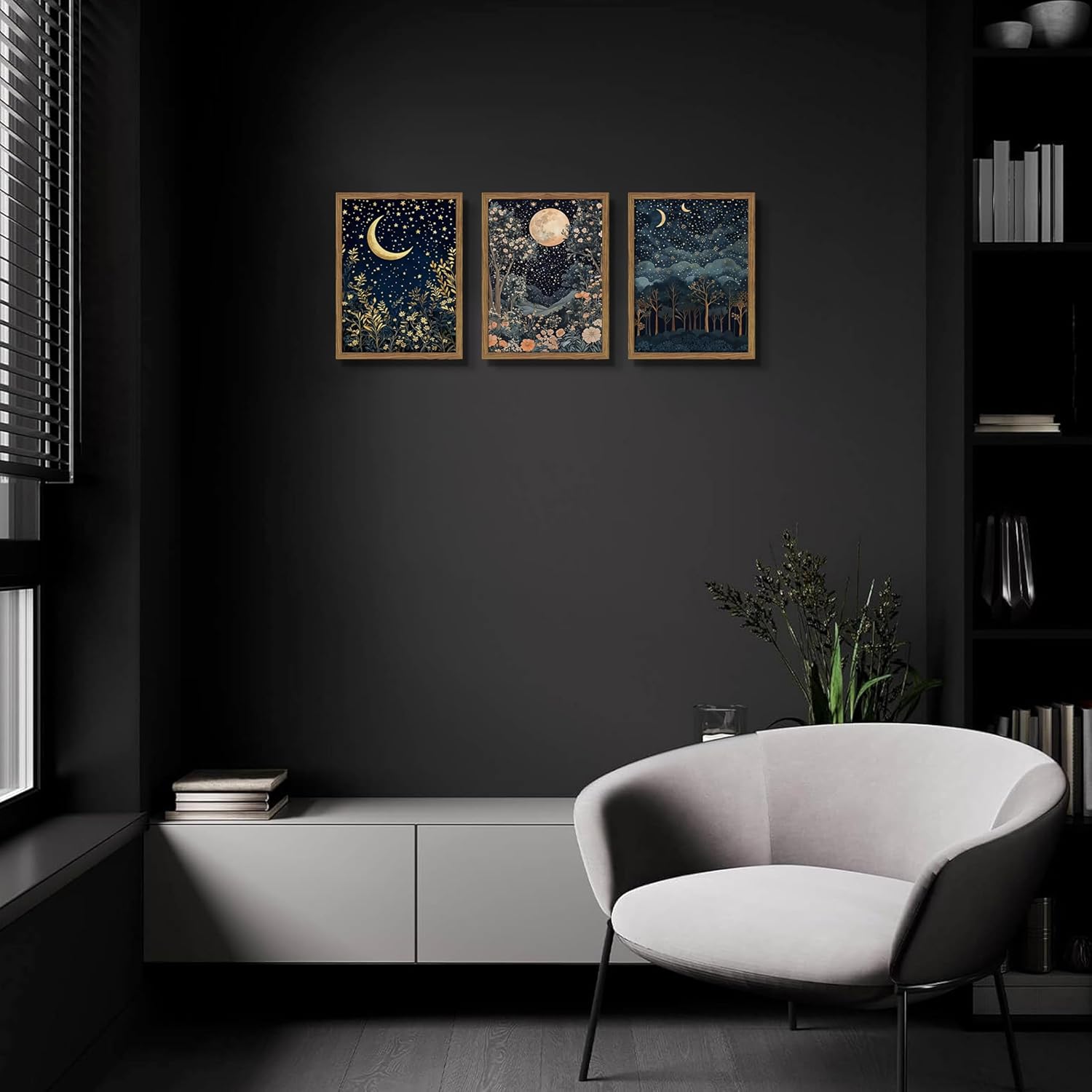 Framed Vintage Botanical Wall Art Set of 3, Nature Moon Night Sky Floral Canvas Prints, Forest Scenery Picture Painting, William Morris Farmhouse Wall Decor for Living Room Bedroom 12x16 inch
