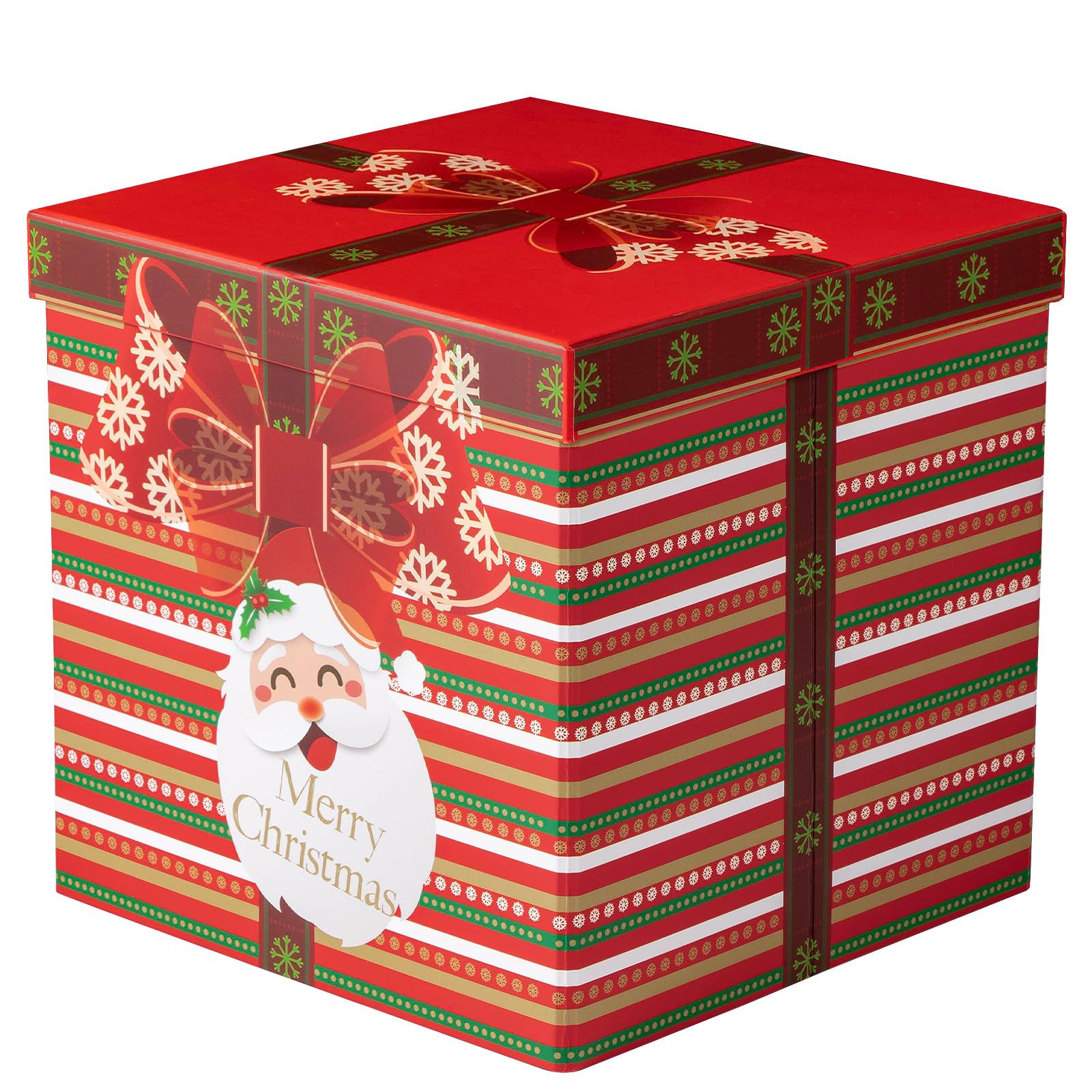 RUSPEPA Christmas Box with Lid, Santa Claus & Red Bow Design, Medium Collapsible Gift Box with Ribbon and Tissue Paper for Holiday Party, Gift Wrapping, Candy Storage, 23x23x23cm, 1 Pcs