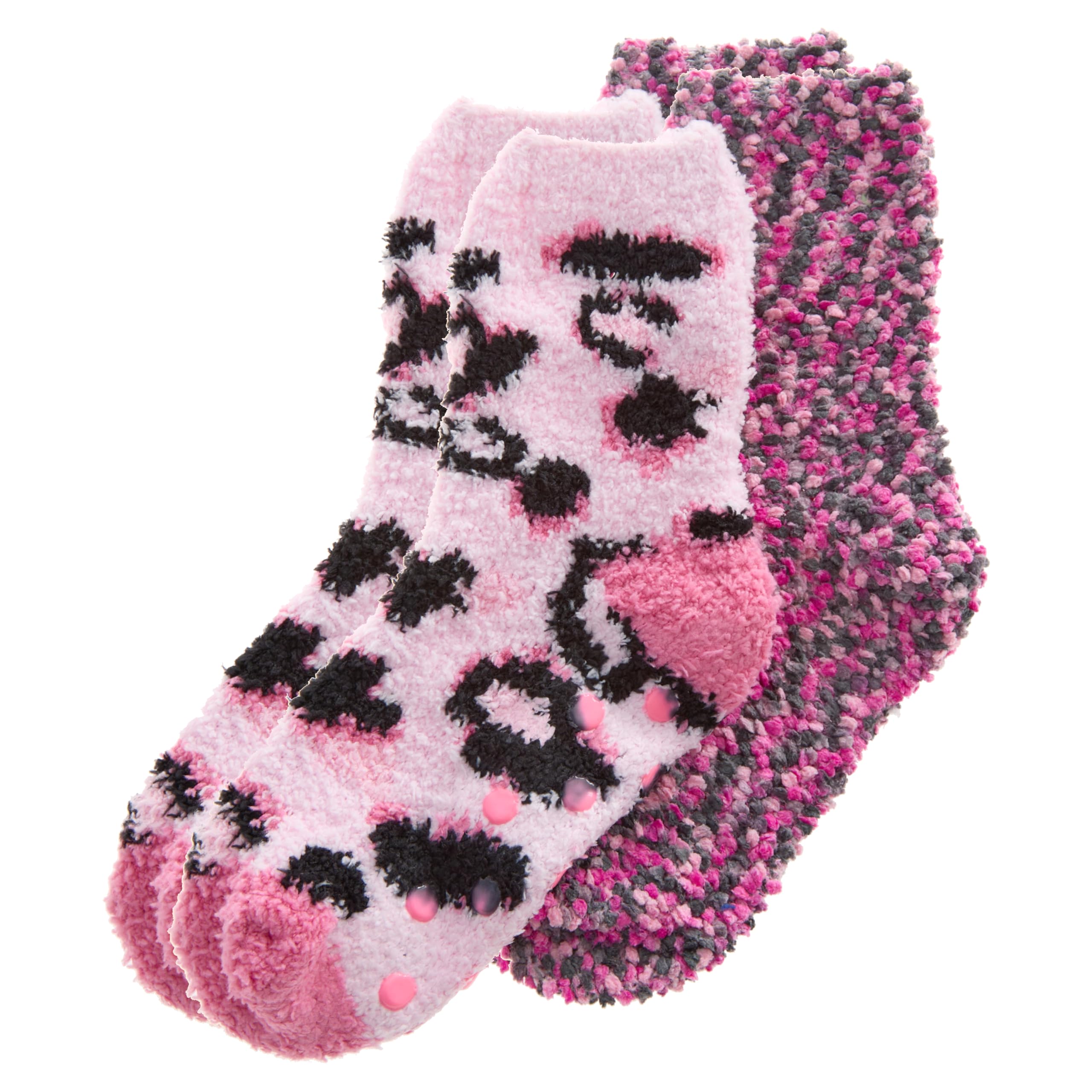 WS-AW23 Girls 2 Pairs Fluffy Snuggle & Popcorn Socks Cosy Bed Socks Non Slip Leopard Designs Pink 4-6