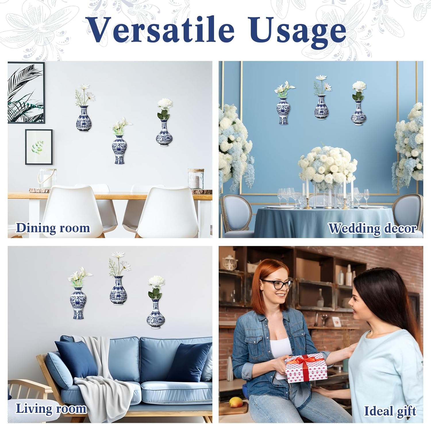 Set of 3 Small Blue and White Chinoiserie Vases Wall Mounted Decorative Ceramic Flower Vases 5.3 Inch 5.7 Inch Classic Vase for Home Decor