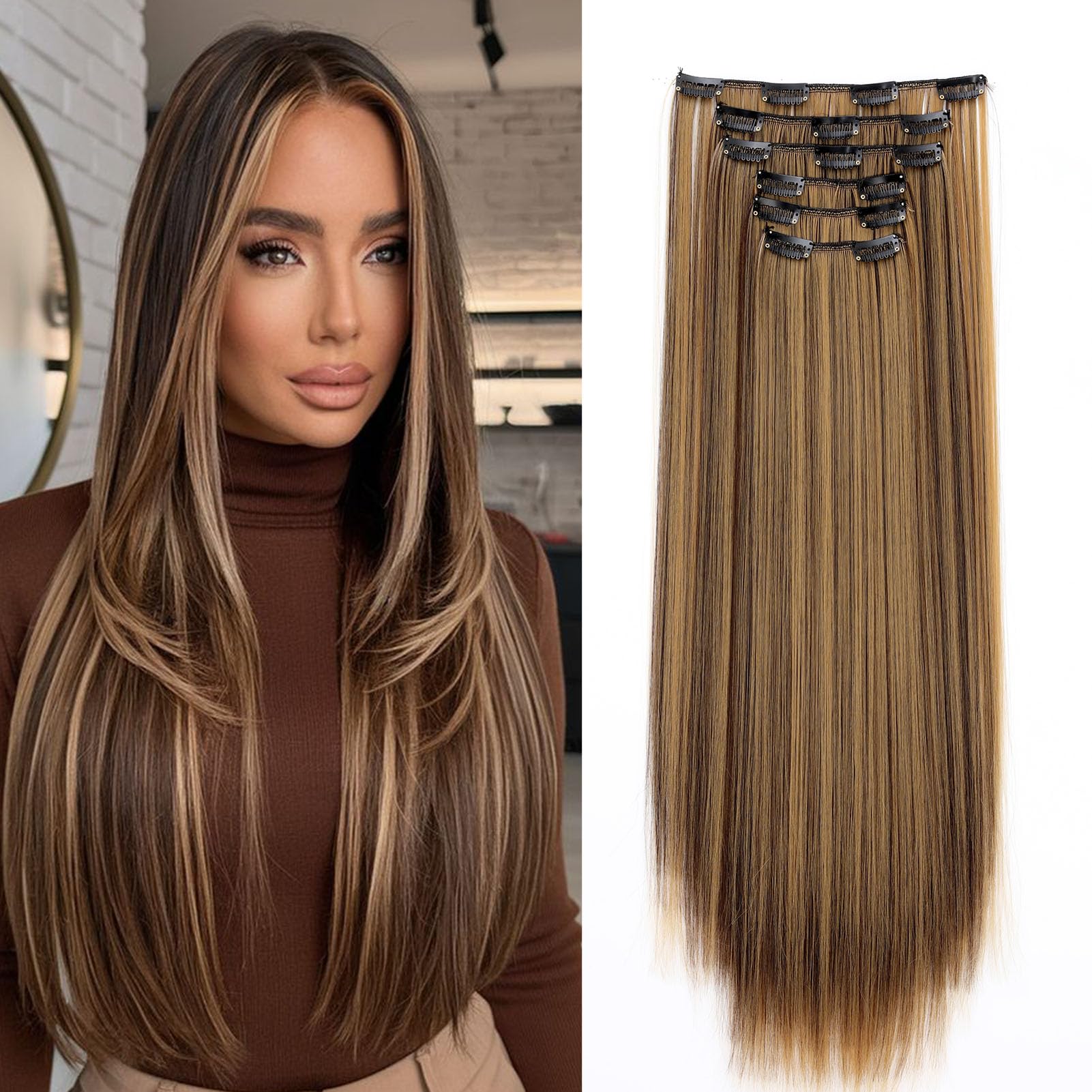 Cybelleza Extension Capelli Clip Lisci 65cm 6PCS Clip in Hair Extension per Capelli Sintetici Lunghi Finti Allugamento Effetto Naturale Dritti Posticci per Donna, Marrone medio & Biondo Scuro