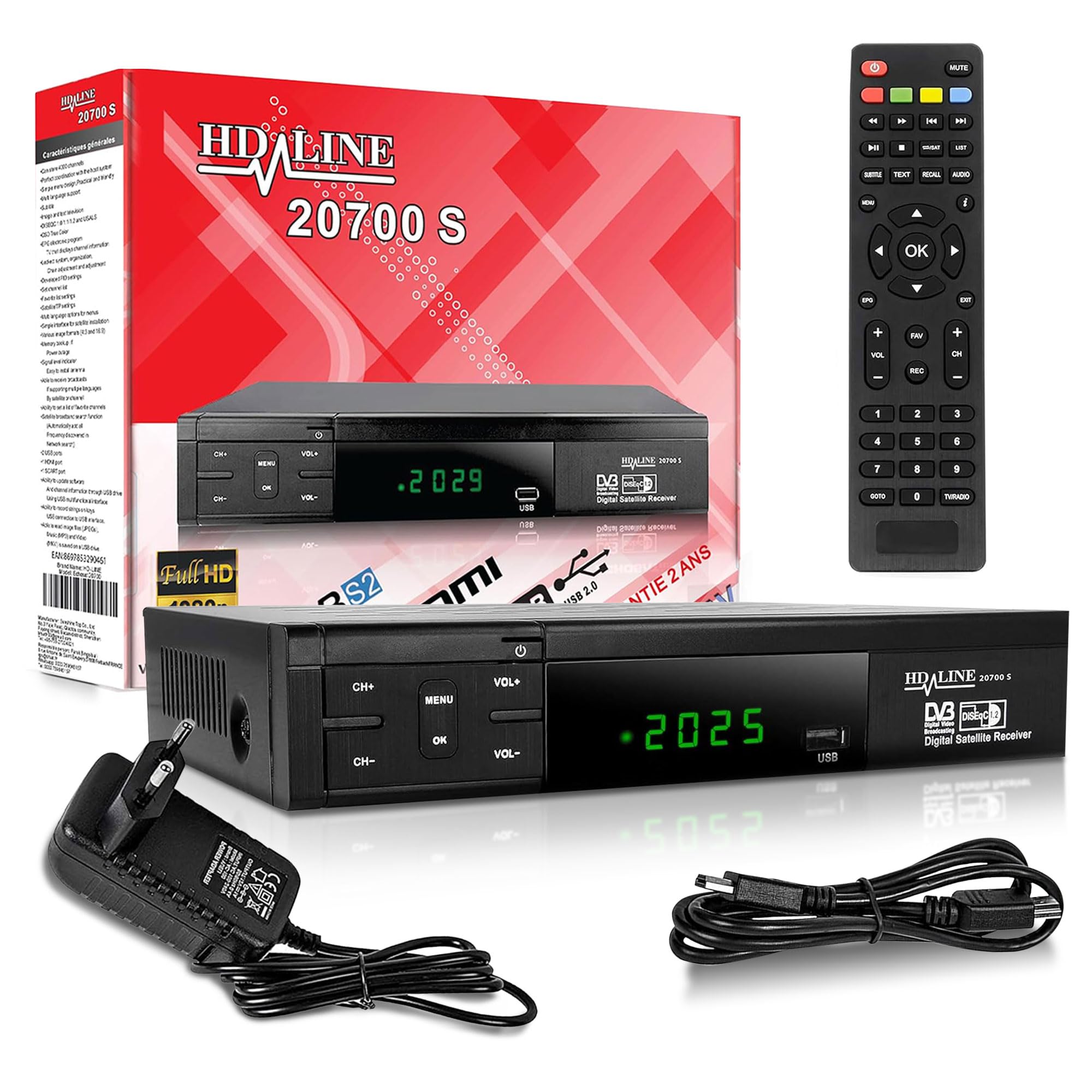 Receptor de satélite HD-Line 20700 HD DVB-S2 HD para Receptor de satélite Digital (DVB-S/S2, HDMI, SCART, 2 Puertos USB 2.0, 1080p) (preprogramado para Astra Hotbird y Türksat)