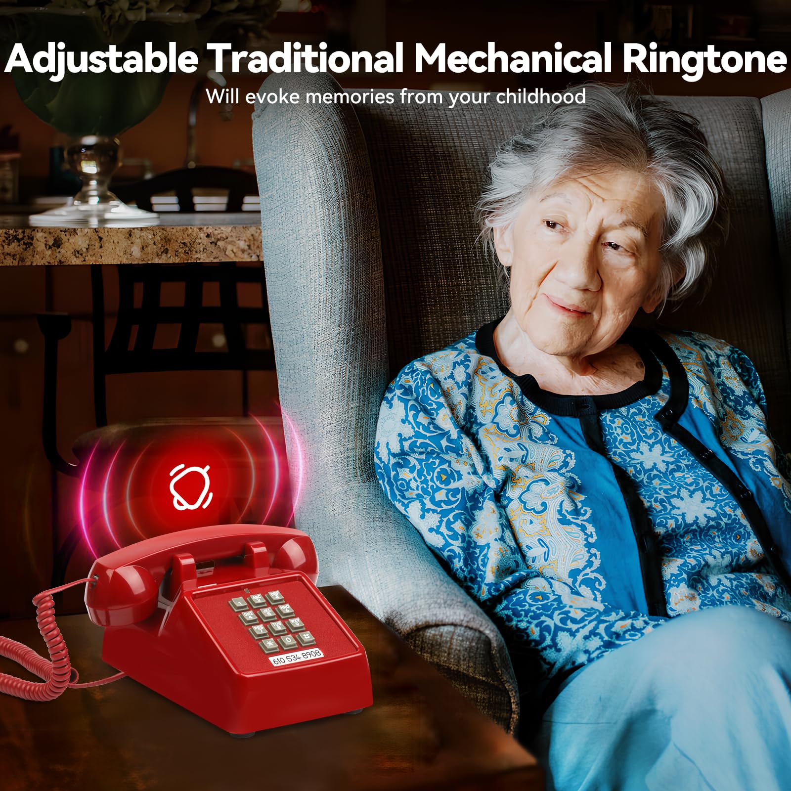 Sangyn Vintage Corded Phones for Landline Old Telephone with Mechanical Ringer Receiver Volume Adjustable Retro Analog Desk Phone for Home House School, Red