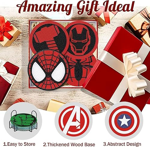 Miniatura 2 de LWZAYS 8 posavasos de pintura de diamante de superhéroe, posavasos de arte de diamante con soporte, kits de pintura de diamantes para adultos, niños