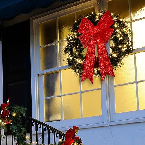 Miniatura 6 de Decoración de árbol de Navidad de 32 pulgadas, 72 LED, lazo rojo decorativo para interiores y exteriores, decoración de corona