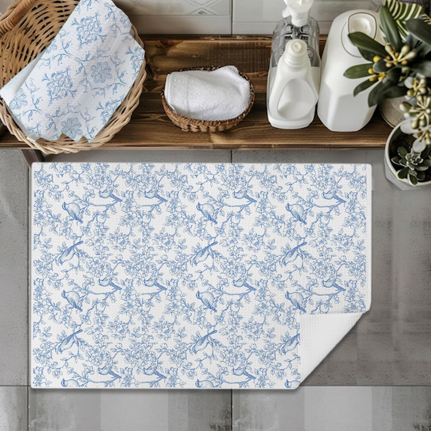 Chinoiserie Floral Bird Kitchen Towels, Vintage Blue and White Dish Tea Towels for Kitchen Decor, Grandmillennial Botanical Bird Decorative Hand Towels for Bathroom, 16x24 Inch Set of 2 - Image 6