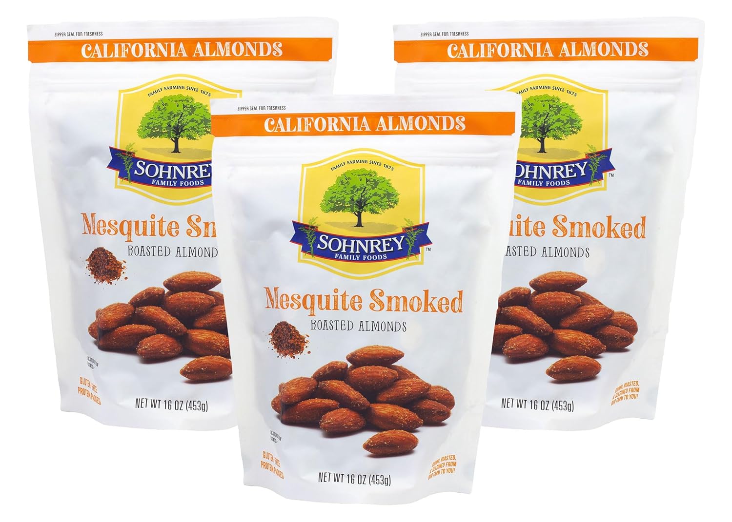 Mesquite Smoked Almonds Steam Pasteurized Smoky Roasted Seasoned Savory Nut Snacks from the Sohnrey Family Farm 3-Pack of 16 oz Pouches